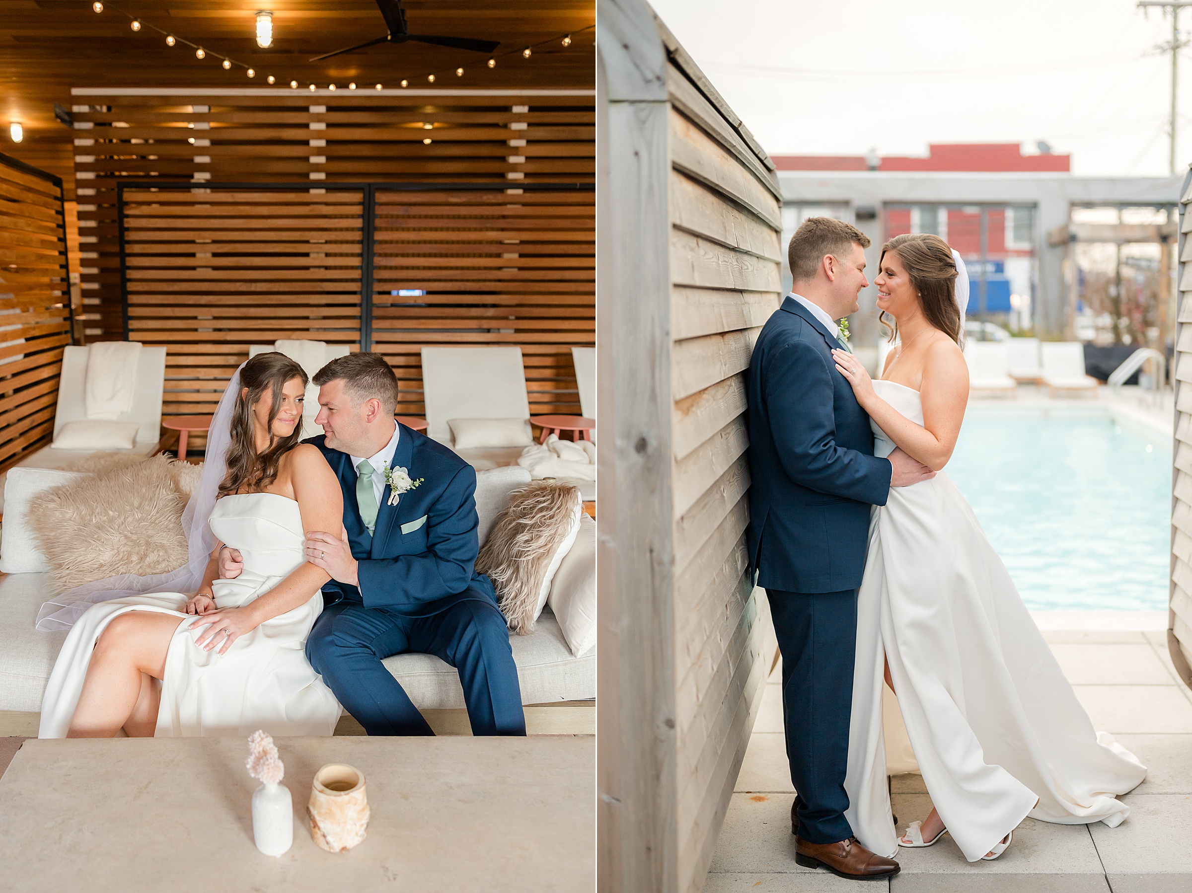 Bride and groom share intimate, tender moments as they embrace and smile softly, lost in each other’s gaze in a warm, romantic setting.