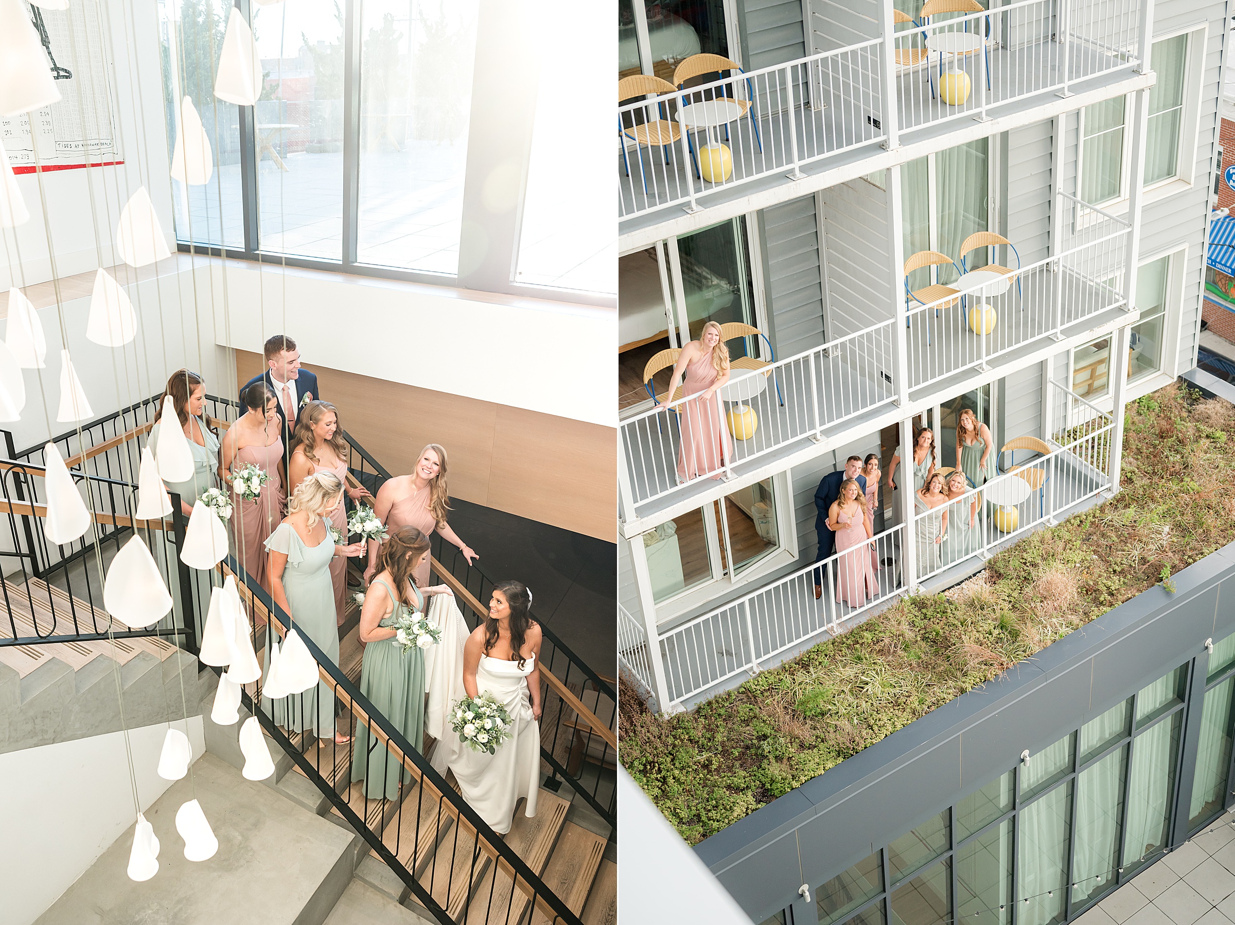 Bridal party gathers joyfully, walking down a staircase indoors and posing together on balconies outside, smiling and celebrating.