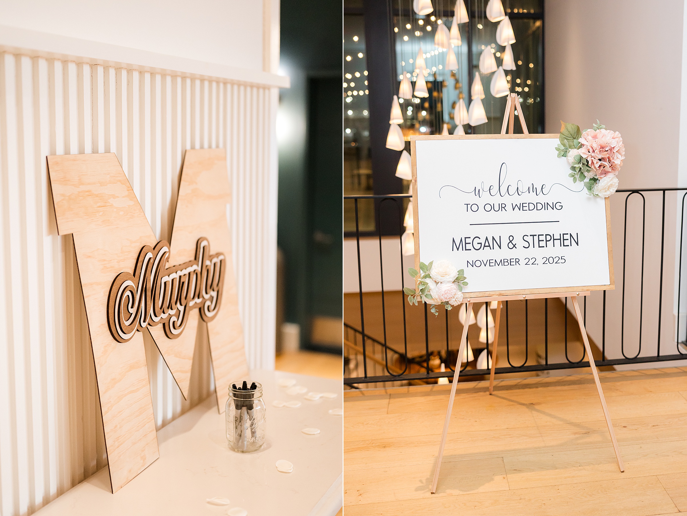 Wedding welcome sign on an easel with floral accents displayed in a softly lit indoor venue.