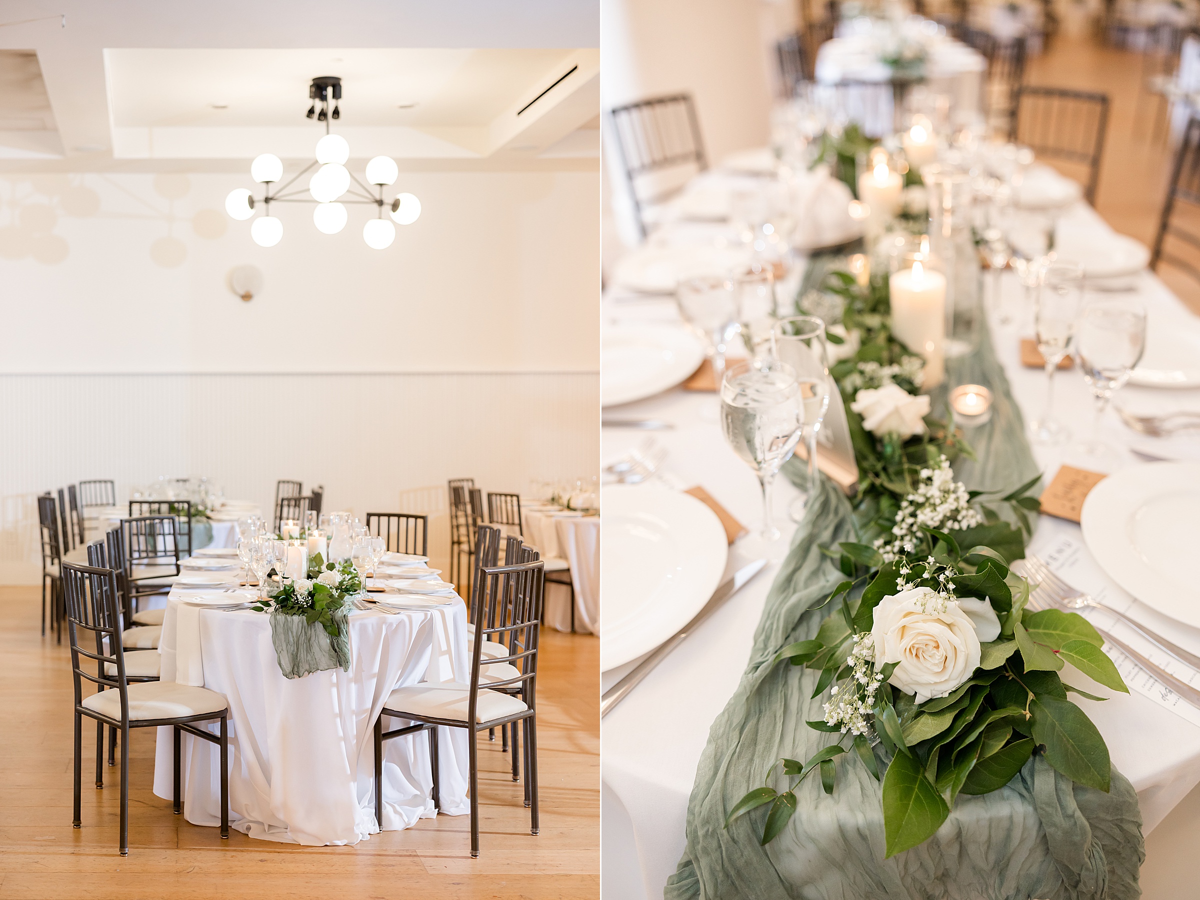 Elegant wedding reception tables with white linens, wooden chairs, and greenery centerpieces accented with candles and white roses.