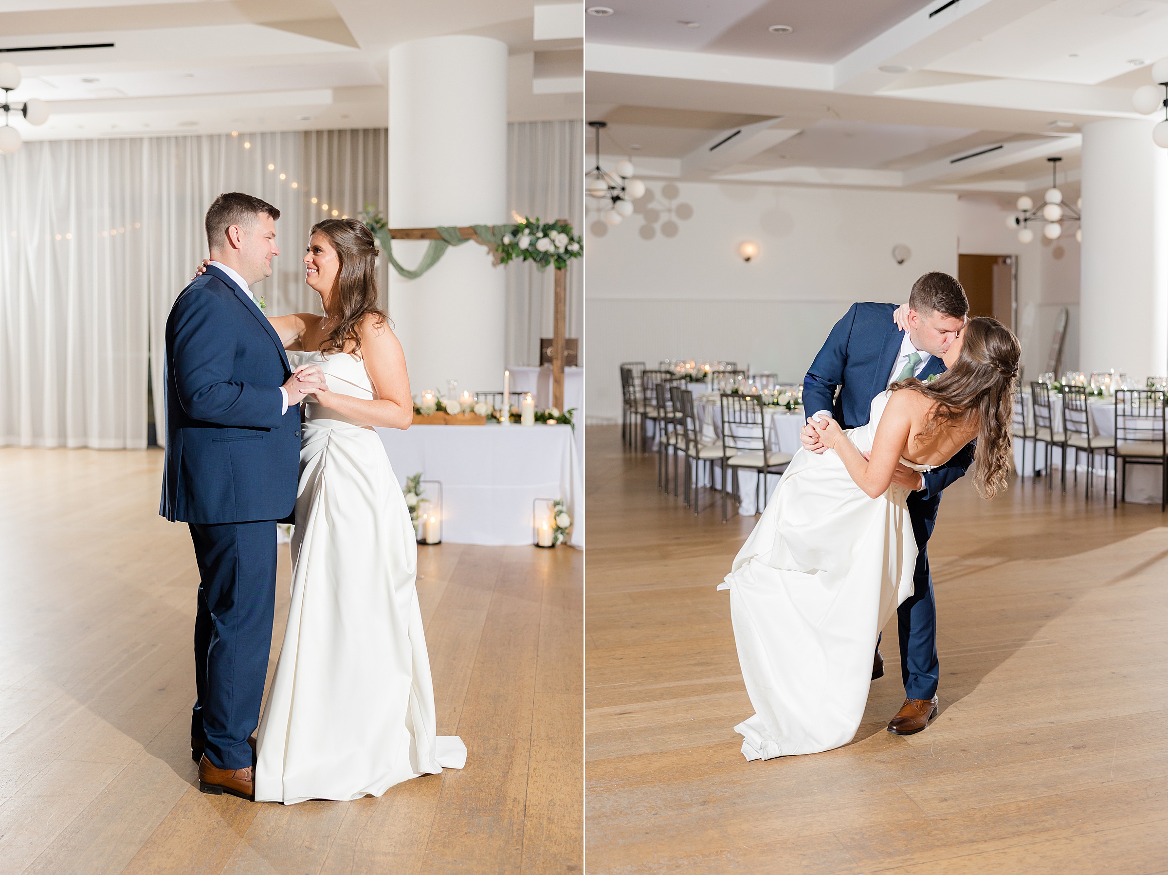 Bride and groom share a romantic first dance, gazing at each other and dipping in an intimate moment on a softly lit reception floor.