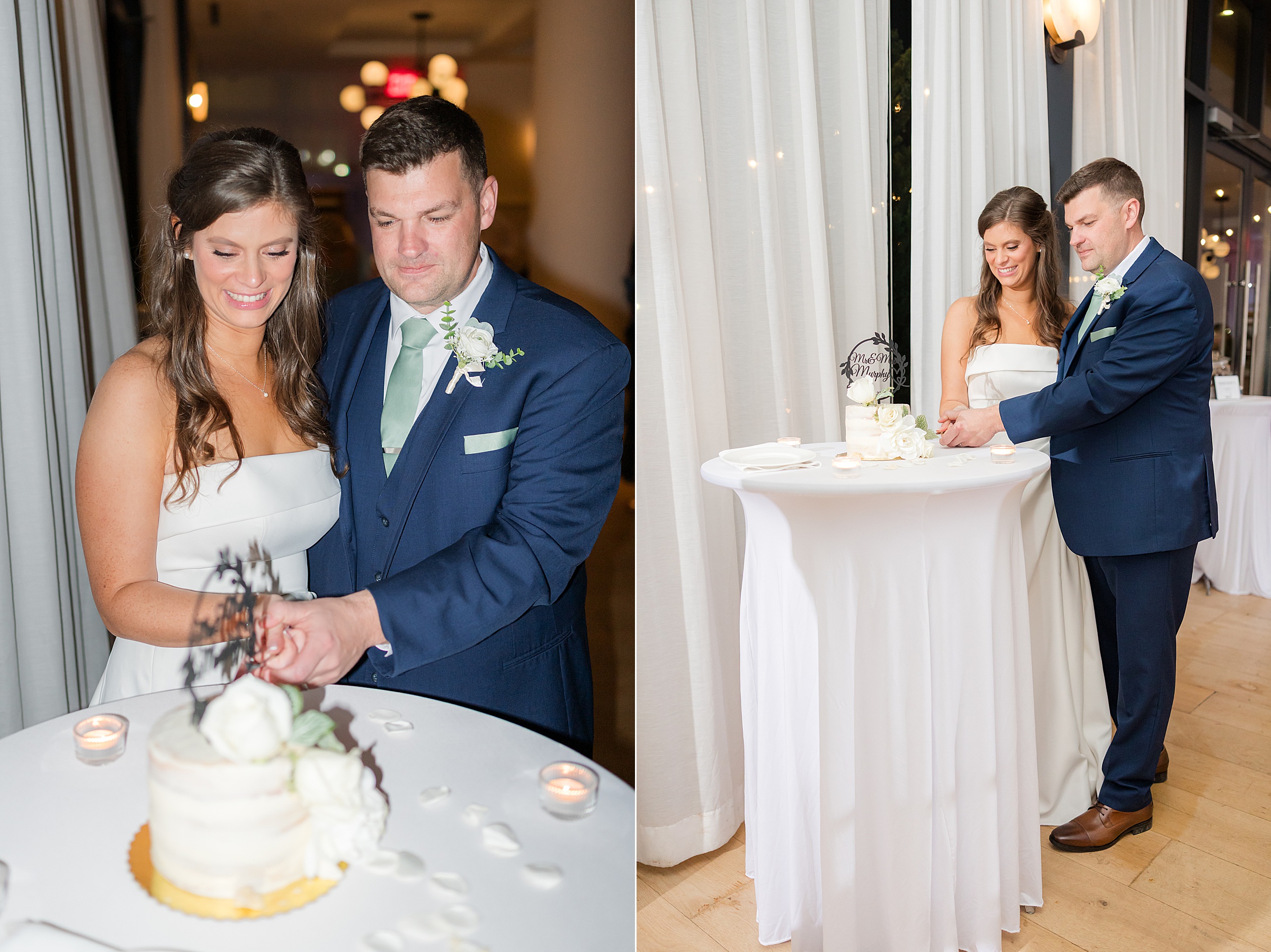 Bride and groom lovingly cut their wedding cake together, smiling softly as they share a sweet and intimate moment.