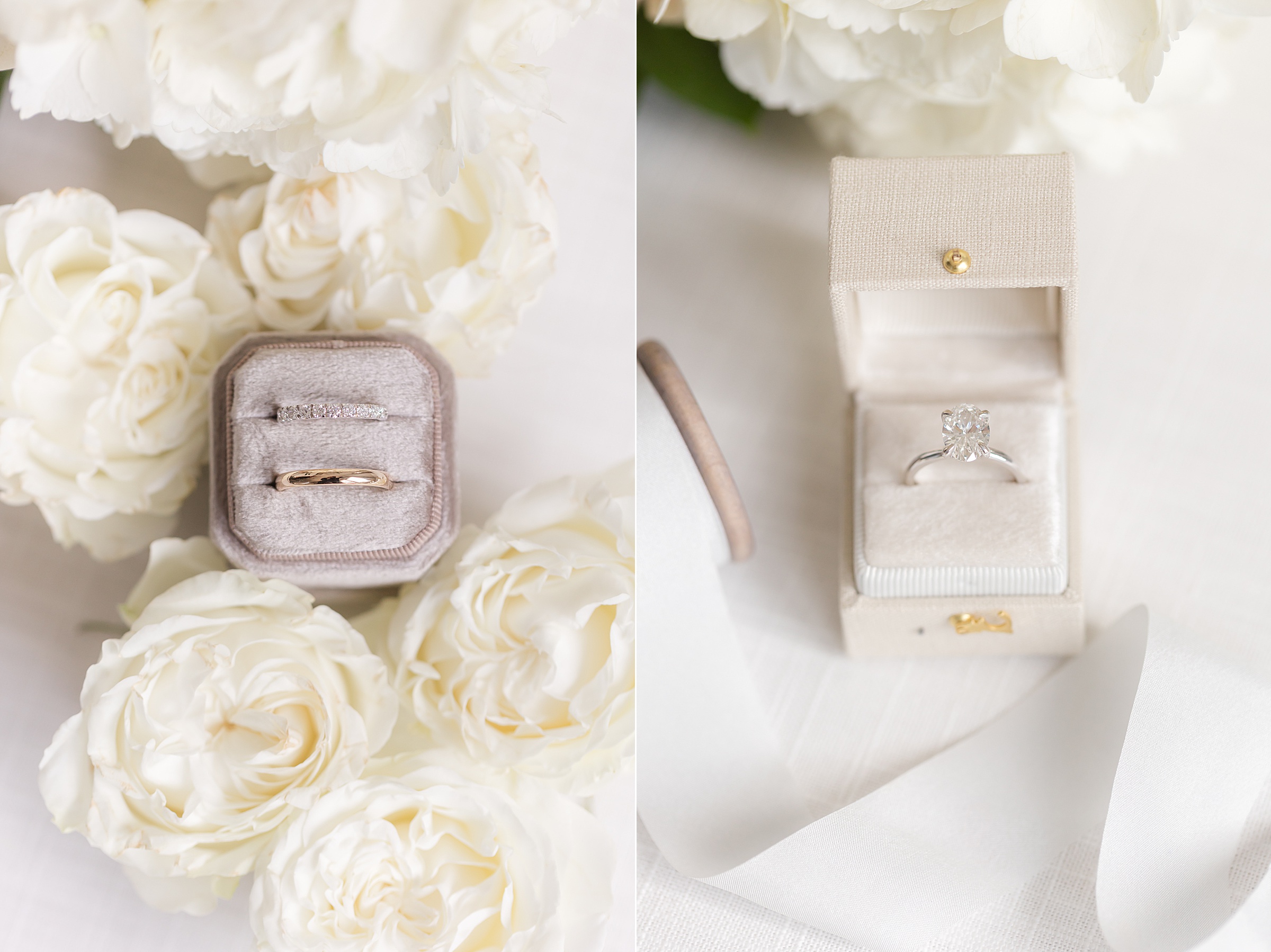 Wedding rings displayed in soft velvet boxes surrounded by delicate white roses, capturing a romantic and elegant detail of the couple’s love and commitment.