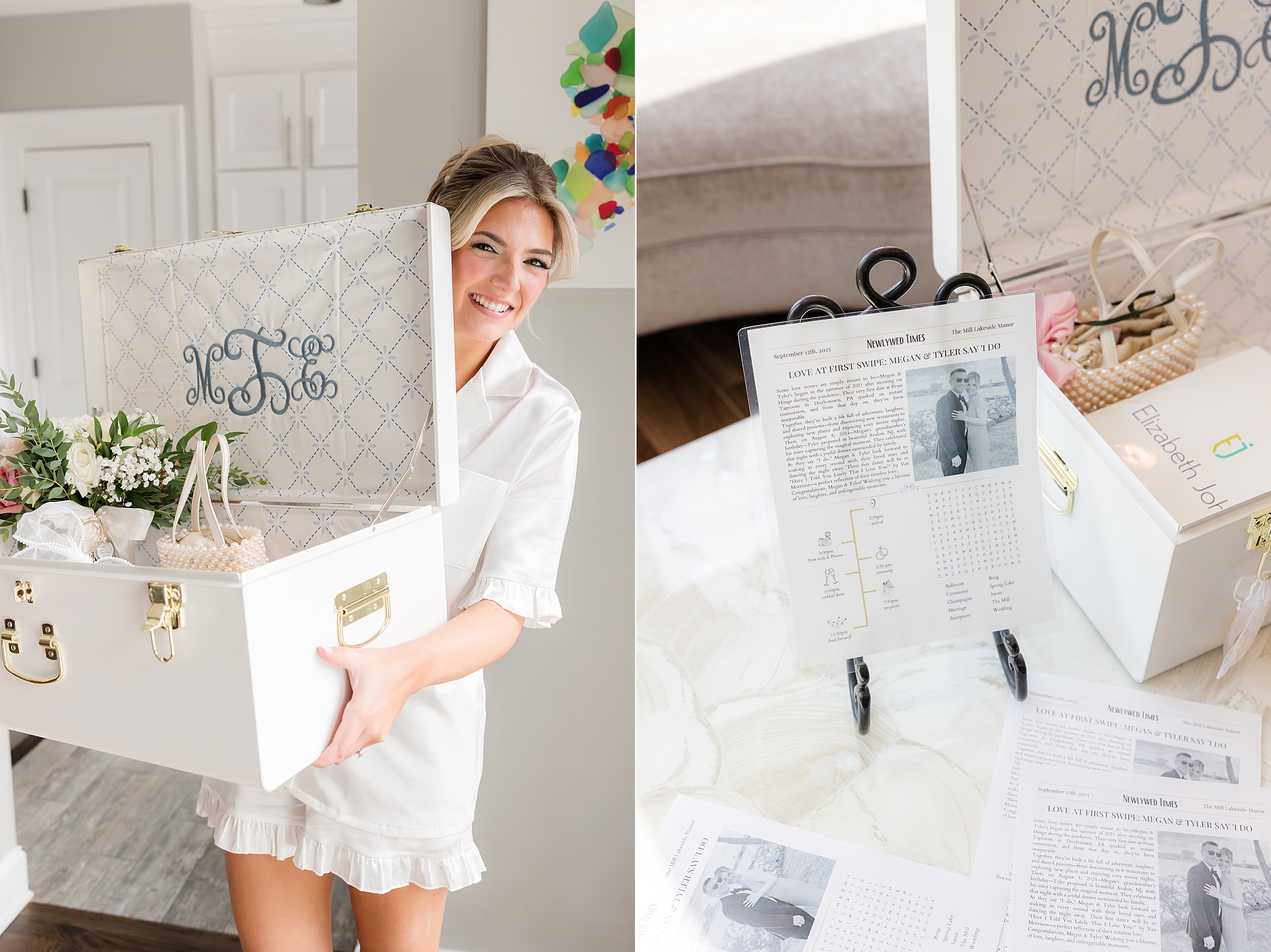 Bride smiling while holding a keepsake box, surrounded by meaningful wedding details and personal touches.