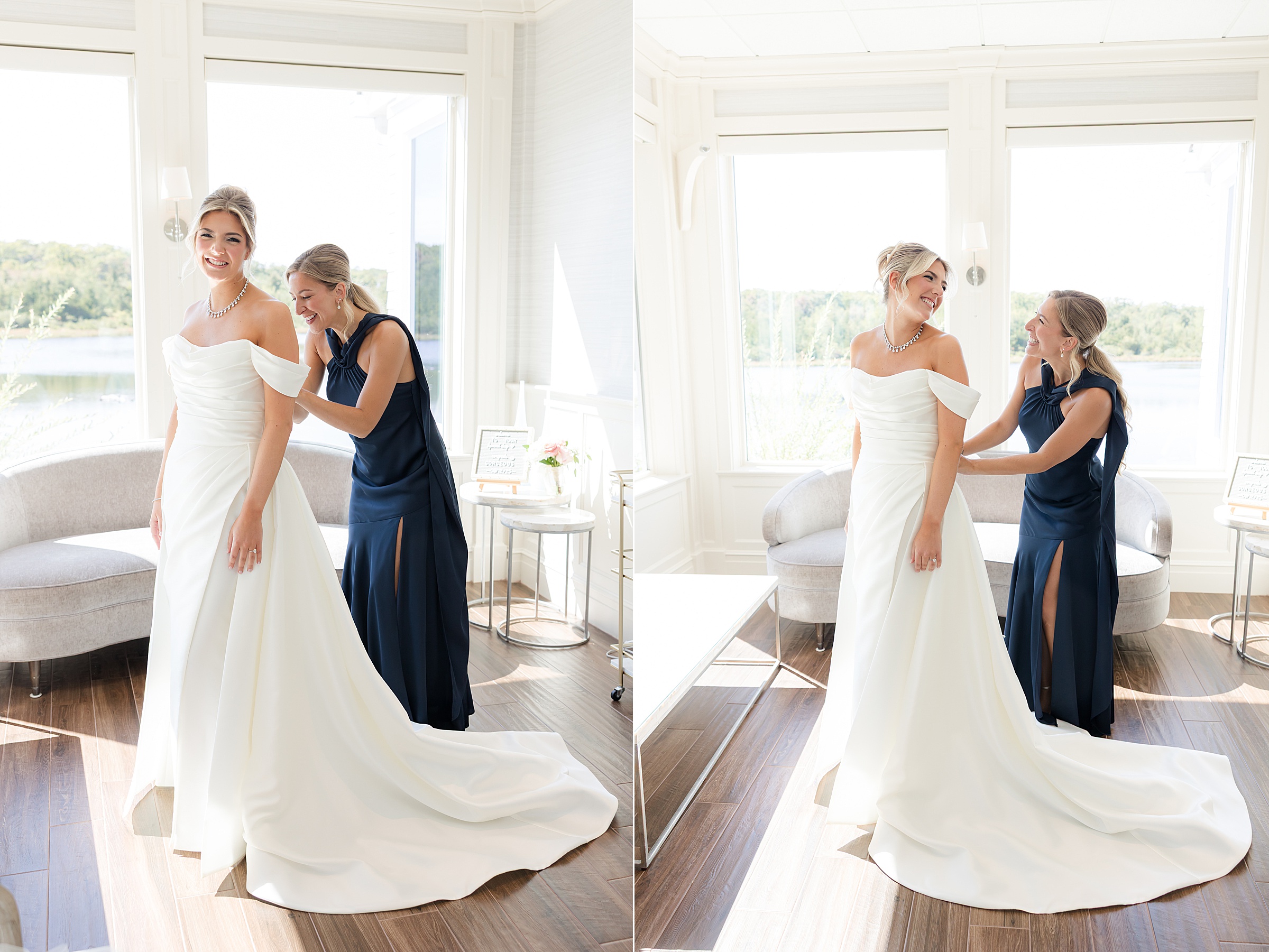 Bridesmaid carefully helping fasten the bride’s dress, sharing a warm, joyful exchange filled with anticipation