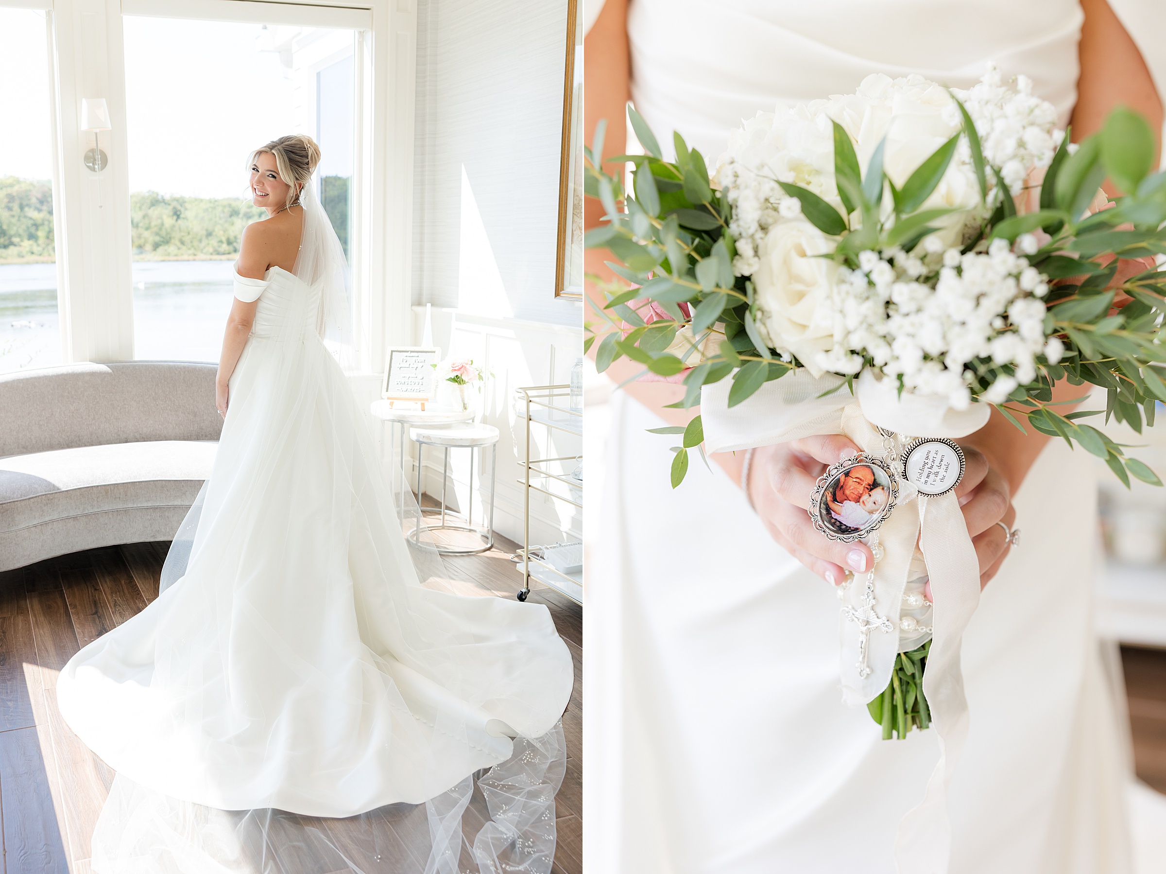 Bride standing in natural light while holding her bouquet, with a sentimental charm wrapped around the stems.