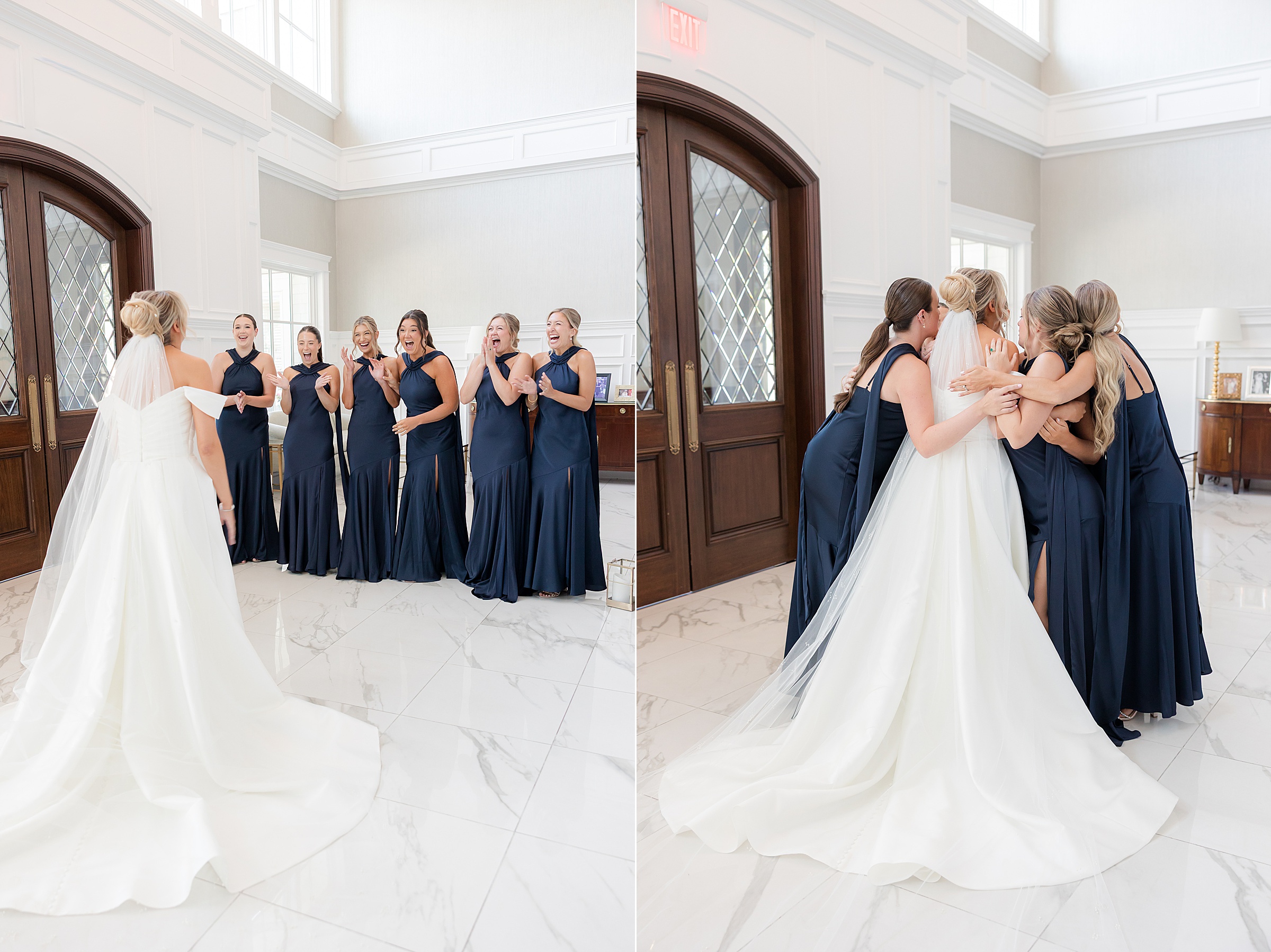 Bridesmaids embrace the bride in a heartfelt group hug, celebrating an emotional and intimate moment before the ceremony