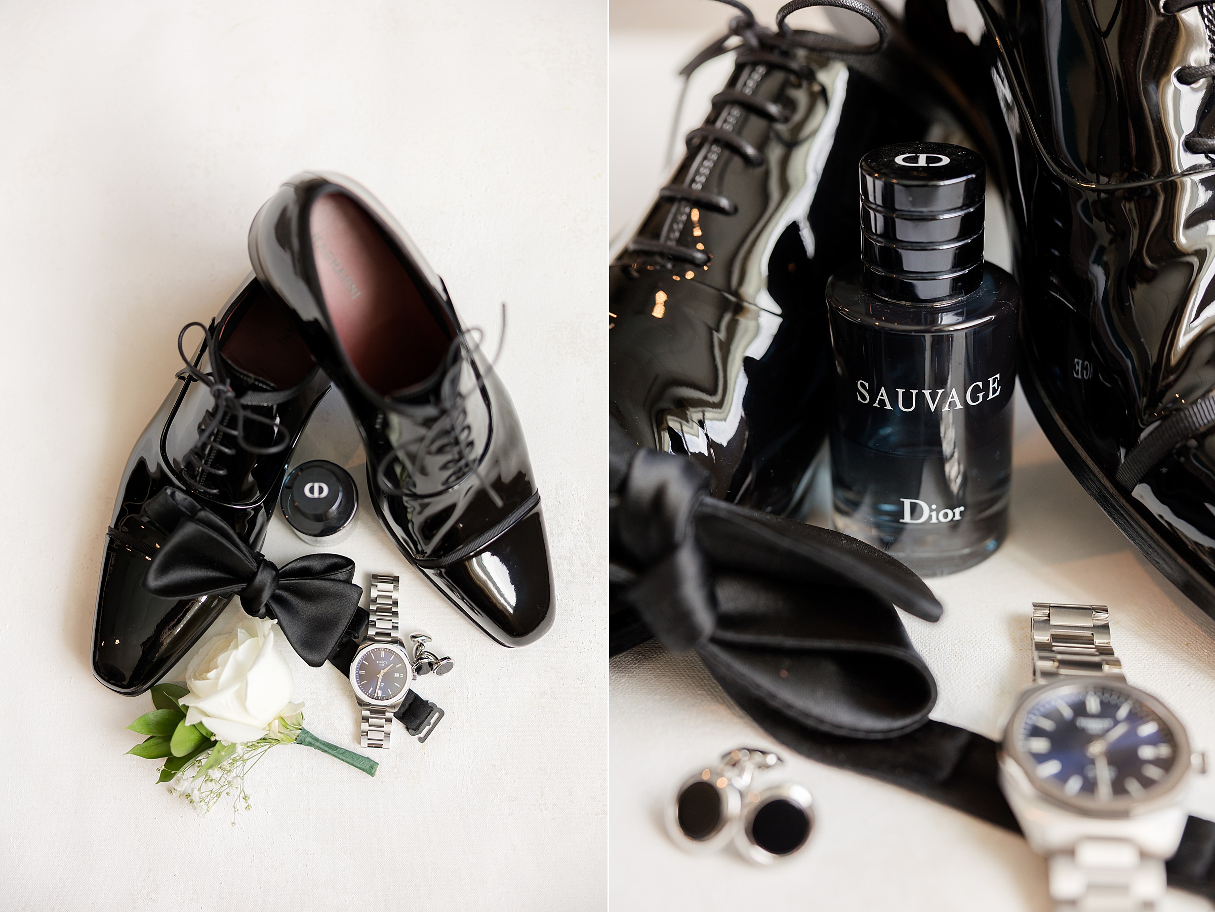 Groom’s accessories—cologne, cufflinks, and shoes—styled elegantly.