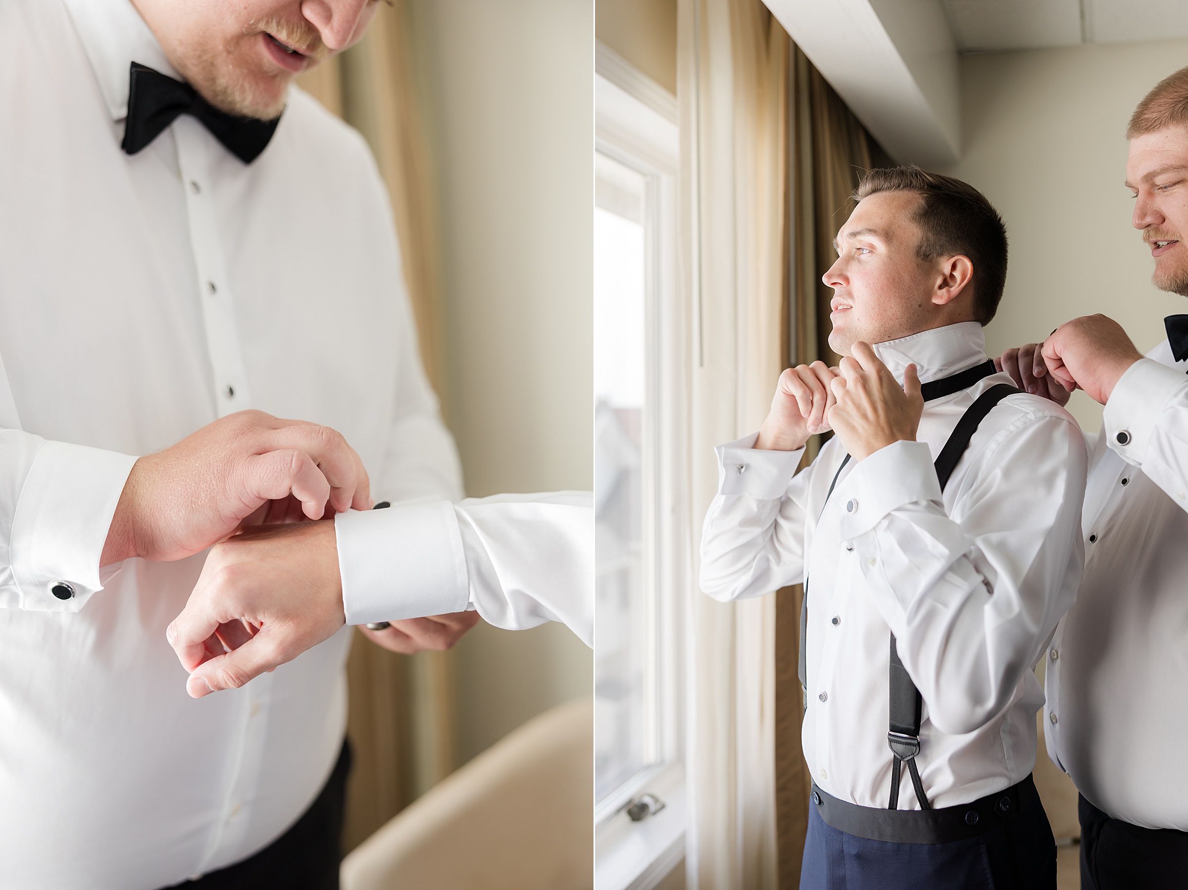 Groom adjusts his cufflinks while his groomsmen help straighten his bow tie by the window, sharing a calm and supportive pre-wedding moment.
