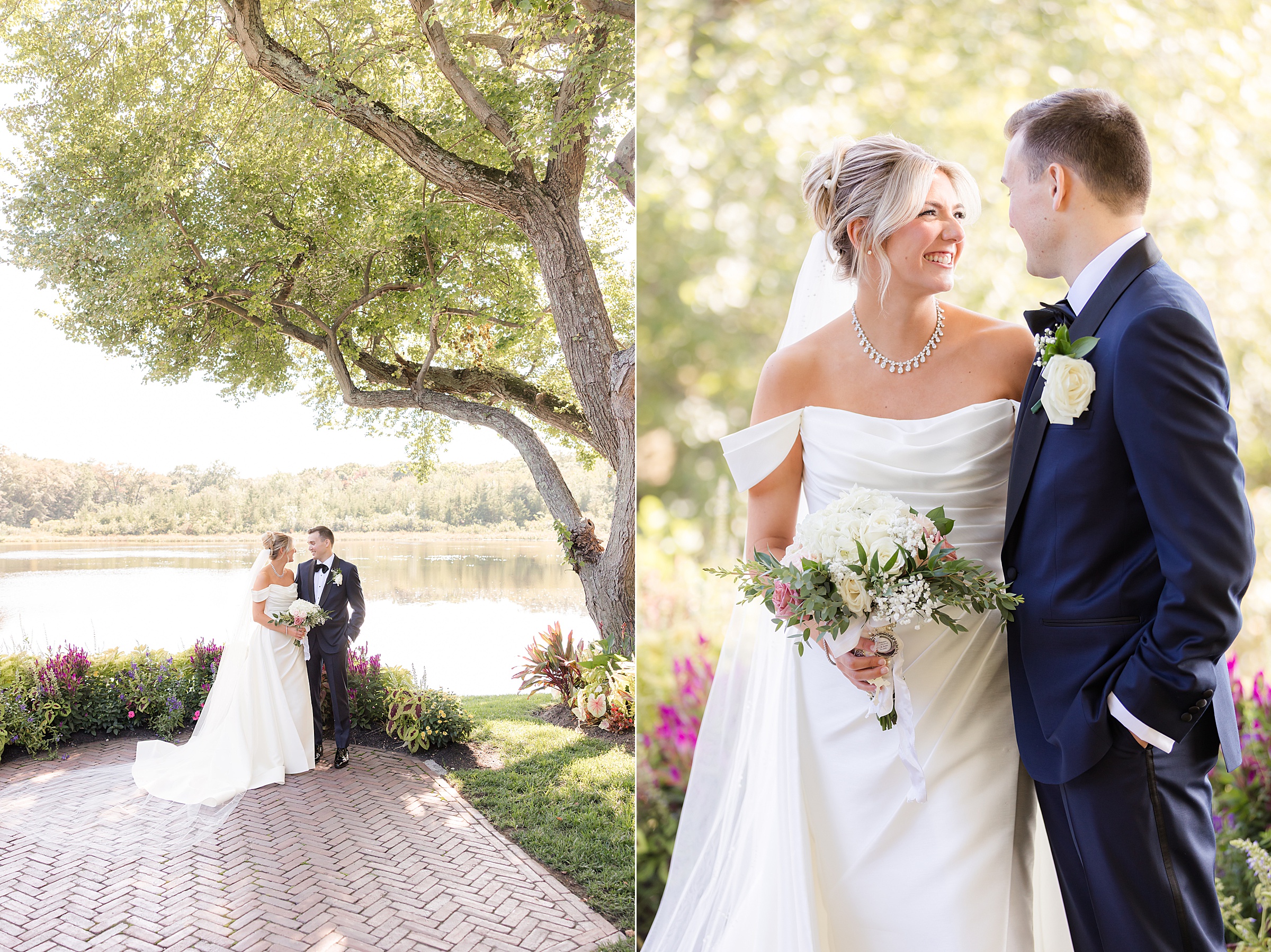 Bride and groom laughs together under a tree, bathed in warm sunlight.