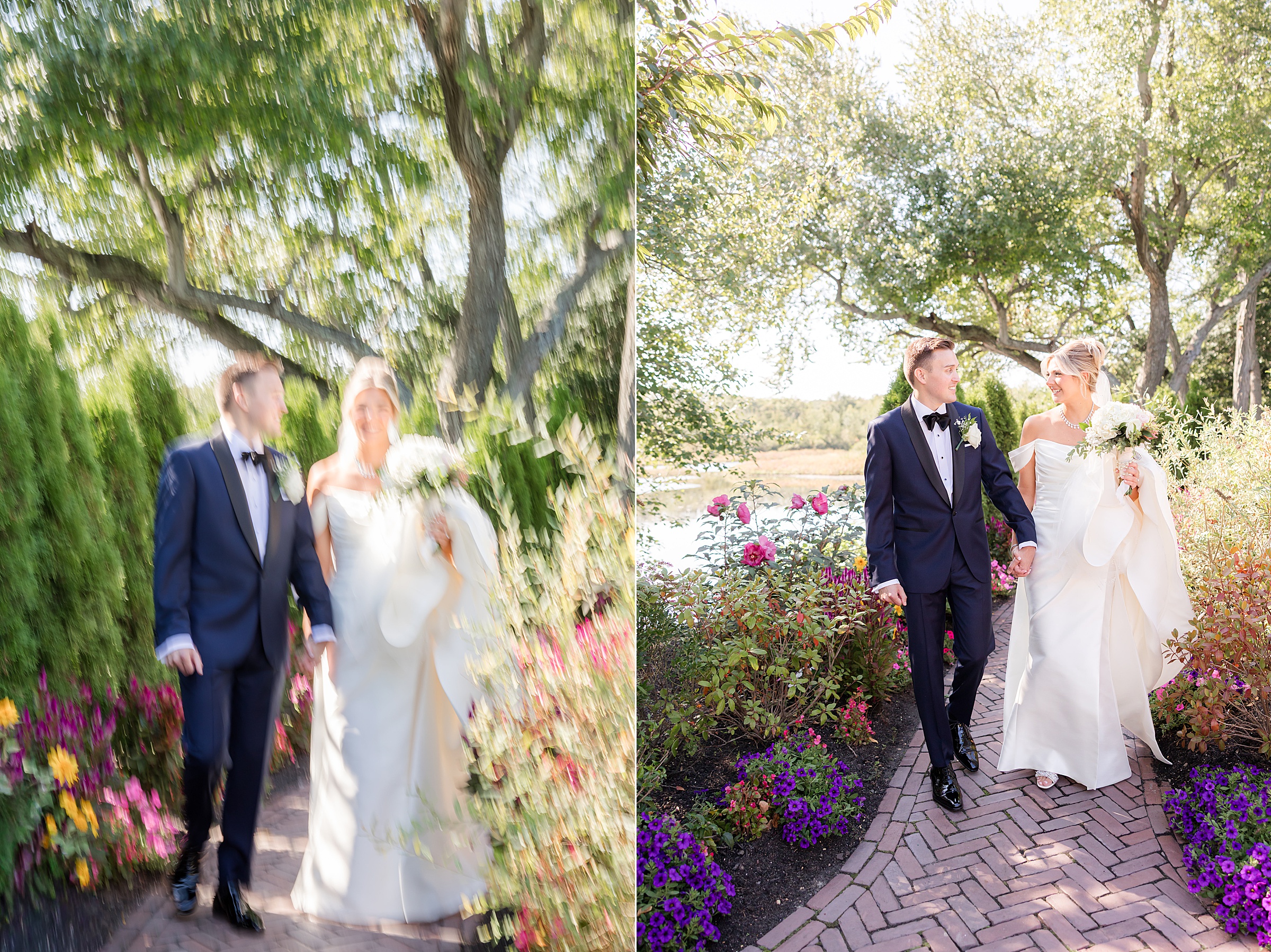 Romantic garden walk captured in motion and stillness among vibrant flowers.