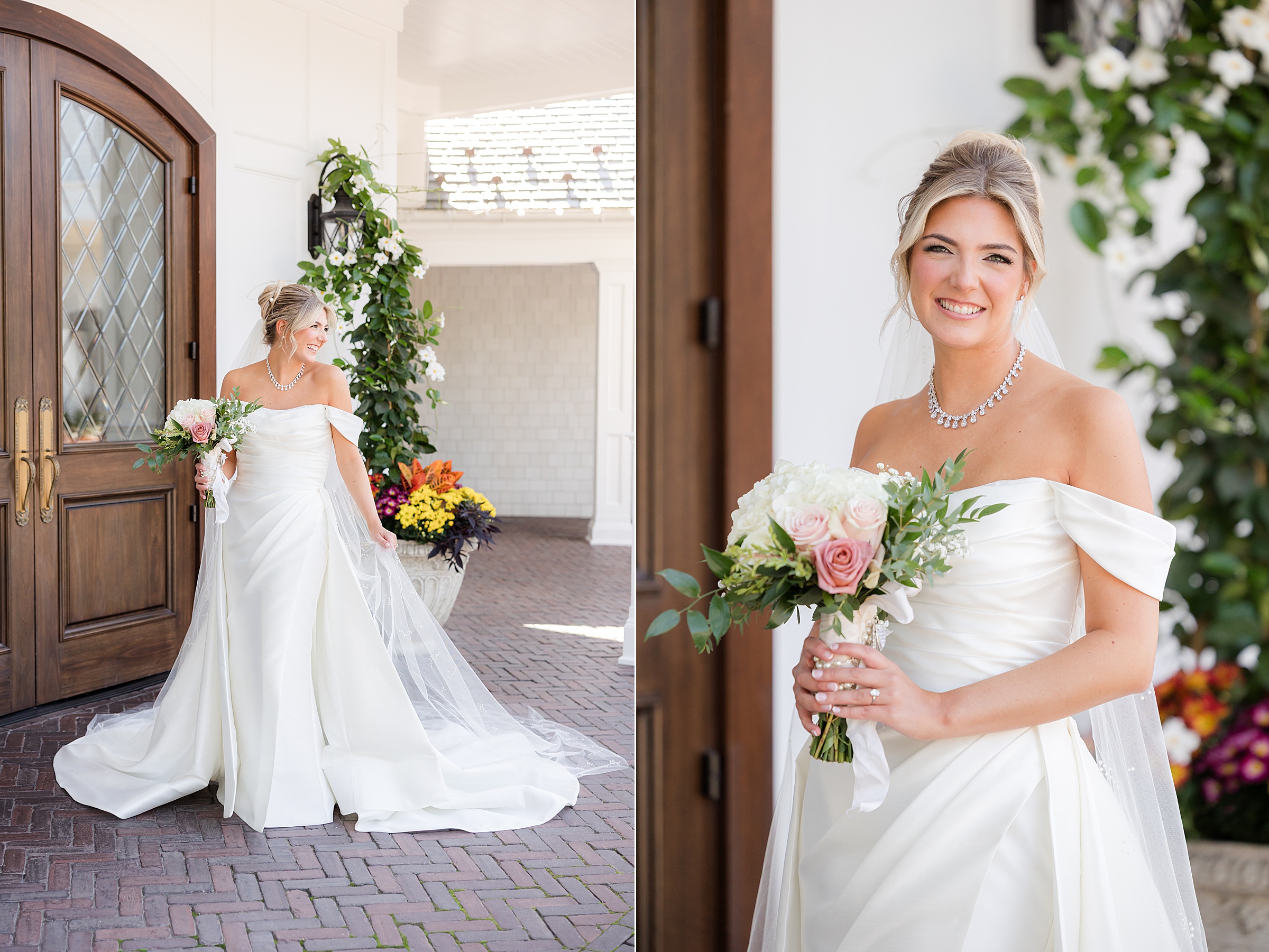 Bride poses joyfully with her bouquet, glowing in her gown.