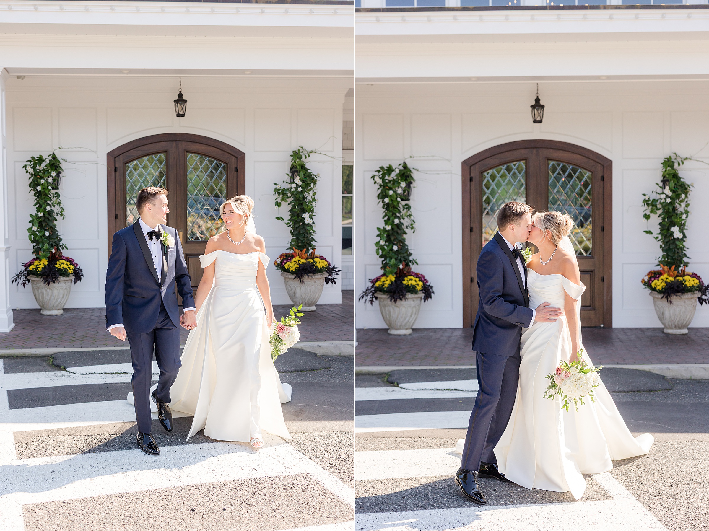 Bride and groom walk together and then shares a kiss in front of the venue’s wooden doors.