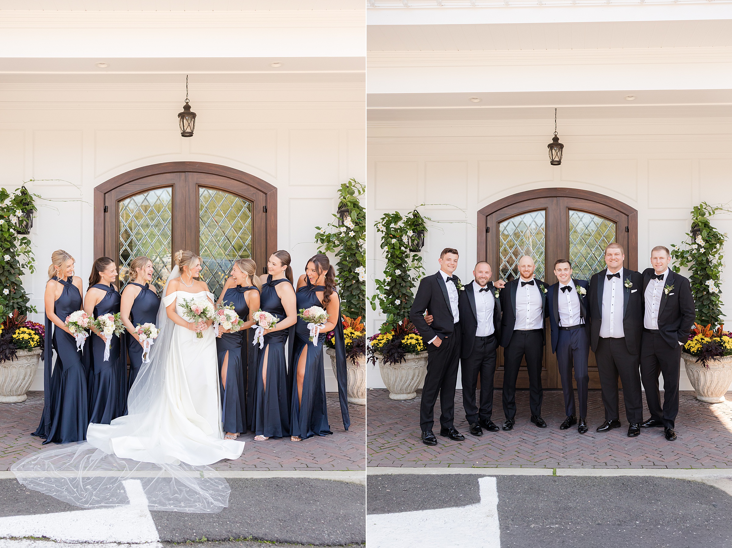 Wedding party stands with the couple during the ceremony, surrounded by greenery and blooming flowers.