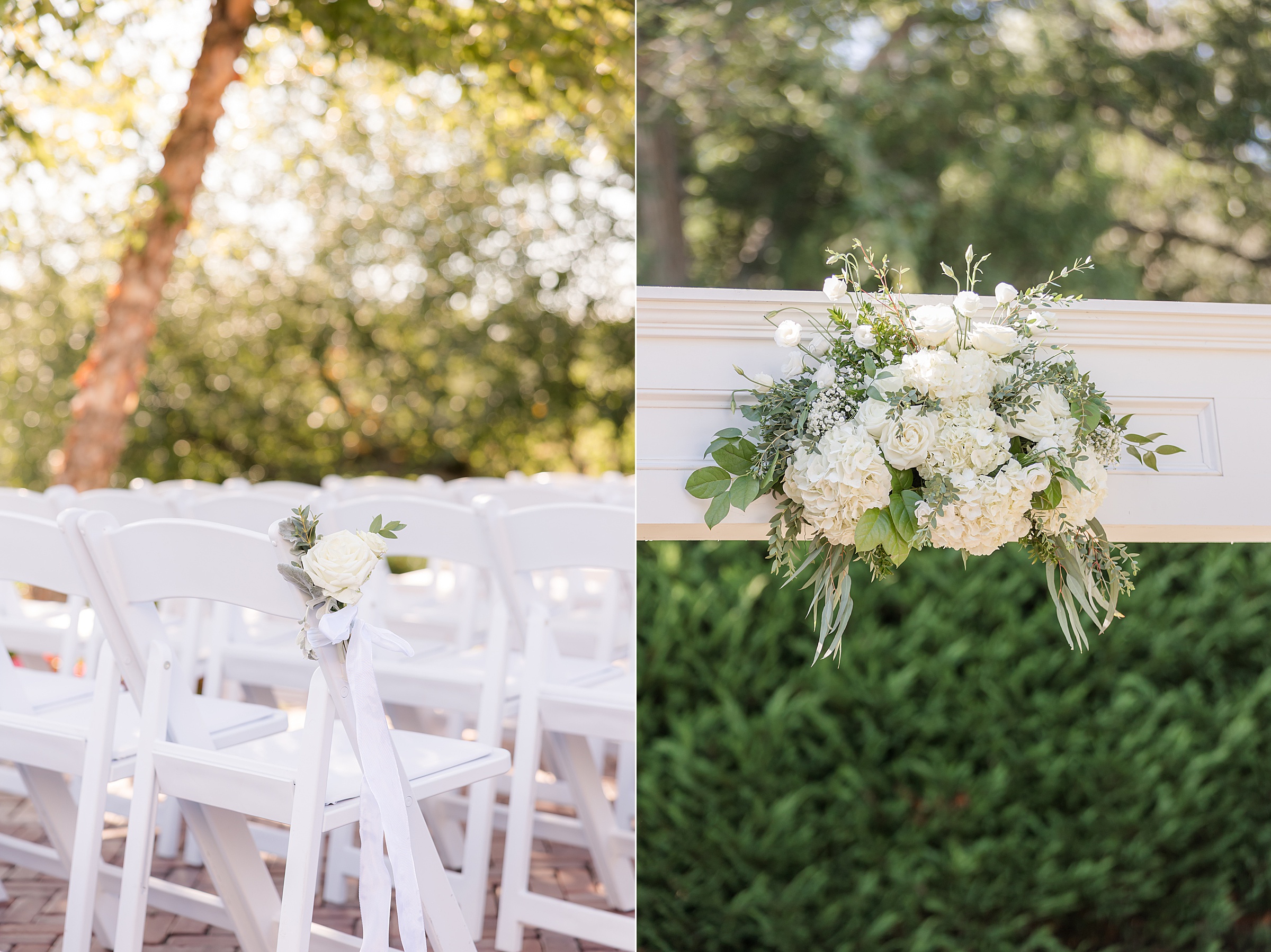 White ceremony chairs decorated with soft floral accents and ribbon sit beneath trees, alongside a close-up of an elegant white and greenery floral arrangement on the altar.