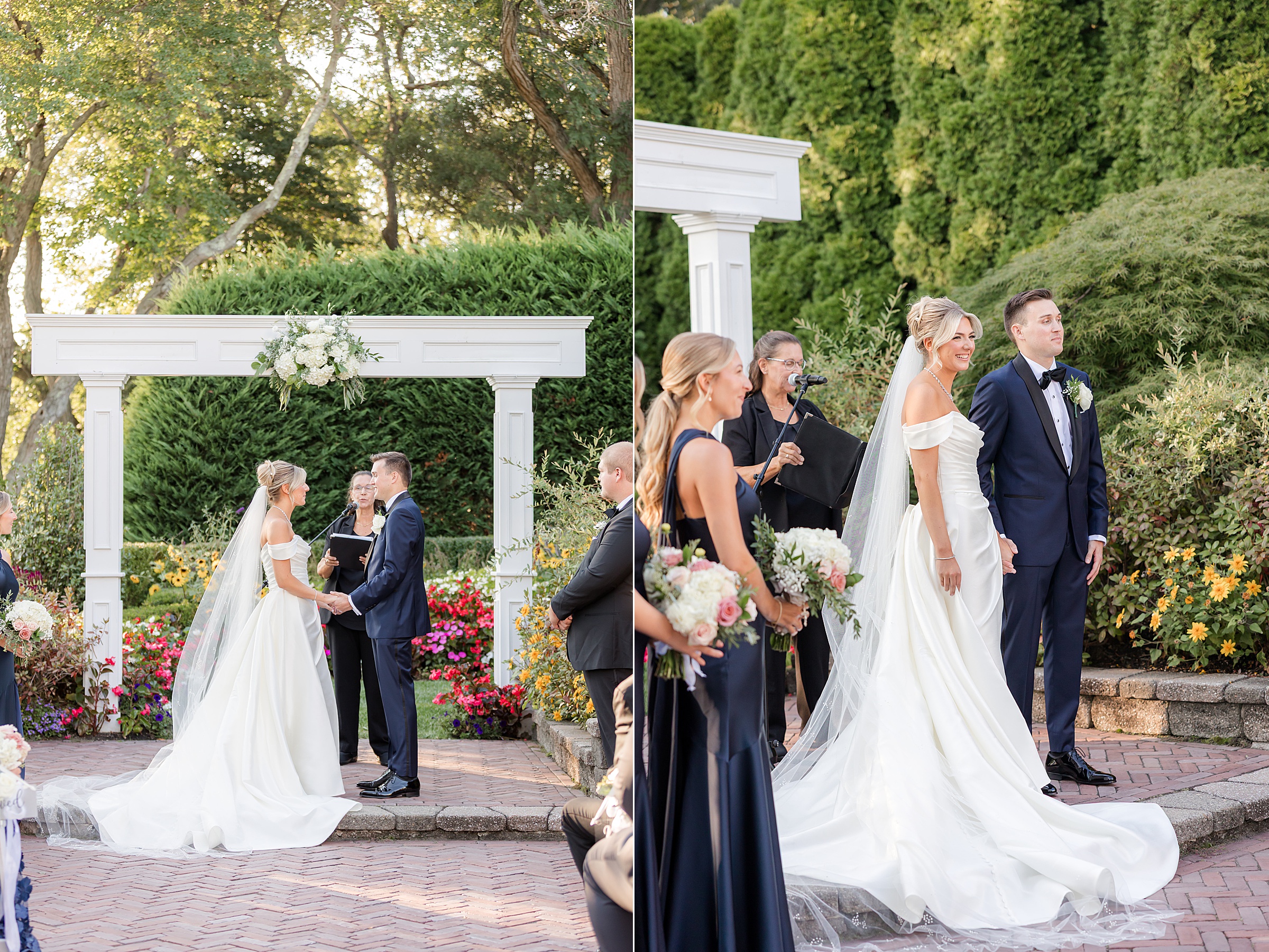 Bride and groom stand together at the altar, smiling as the ceremony continues in a lush garden setting