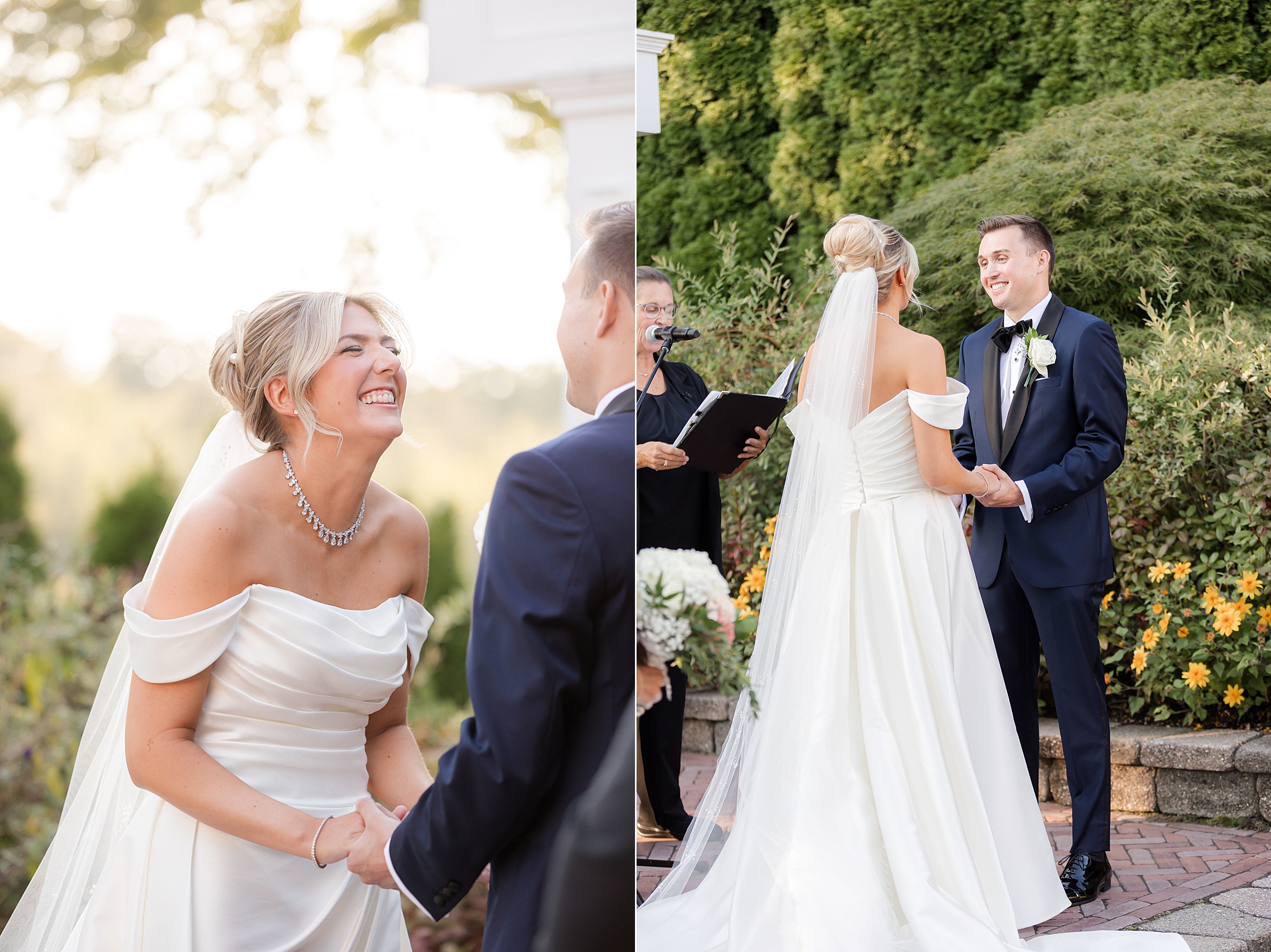 Bride laughs warmly while holding hands with groom during their outdoor wedding vows