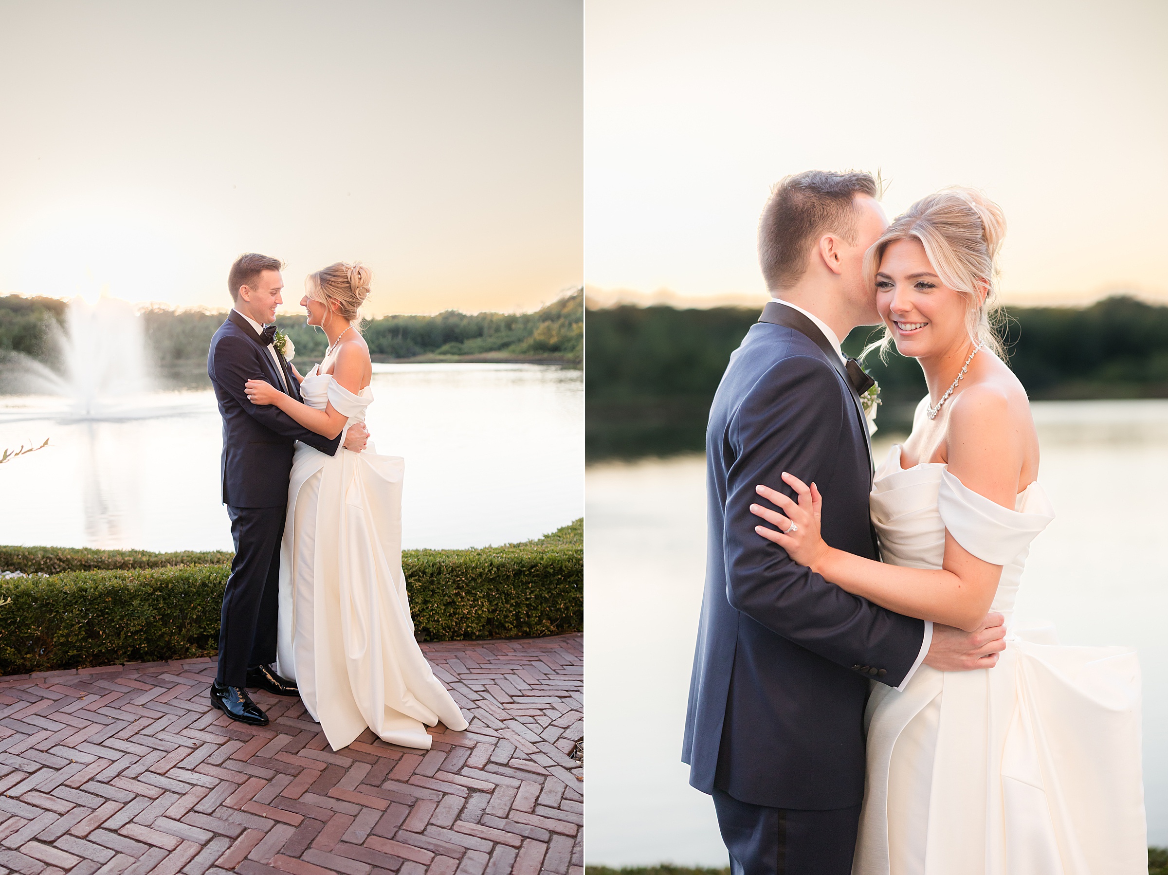 Newlyweds embrace by the water with a glowing sunset behind them, sharing an intimate moment.