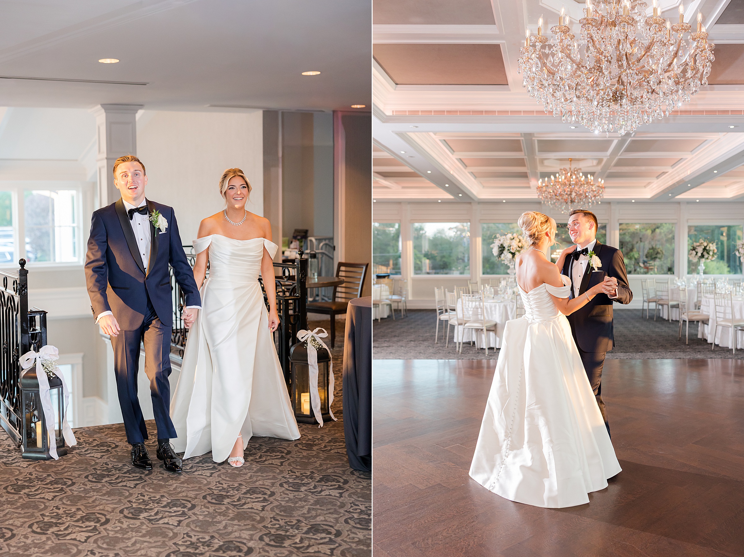 Walking together, the newlyweds smile with excitement as they step into their reception space together.