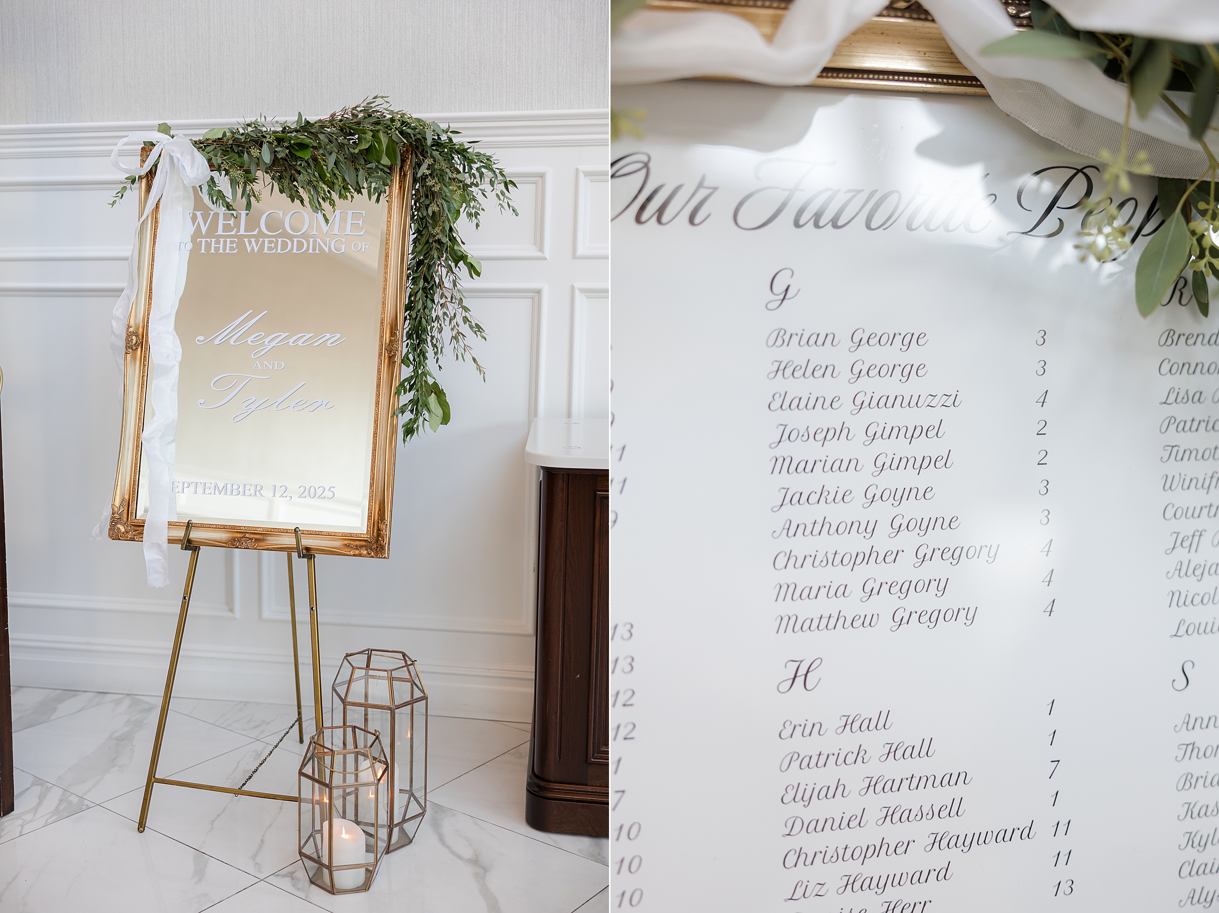 Welcome sign framed with greenery warmly greets guests, while nearby details hint at the thoughtful and romantic celebration to come.