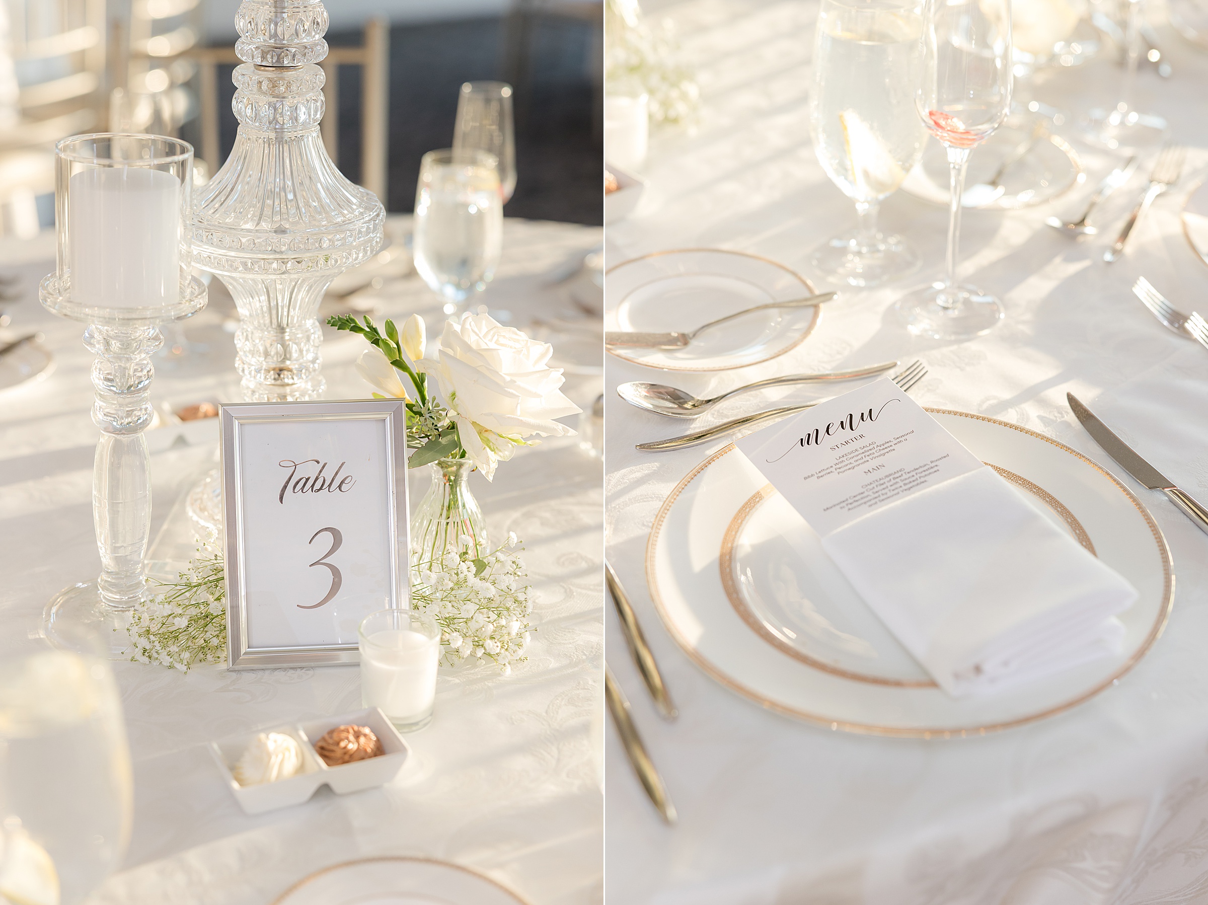 Reception table glow in soft sunlight, highlighting delicate florals and elegant place settings that set a romantic tone.