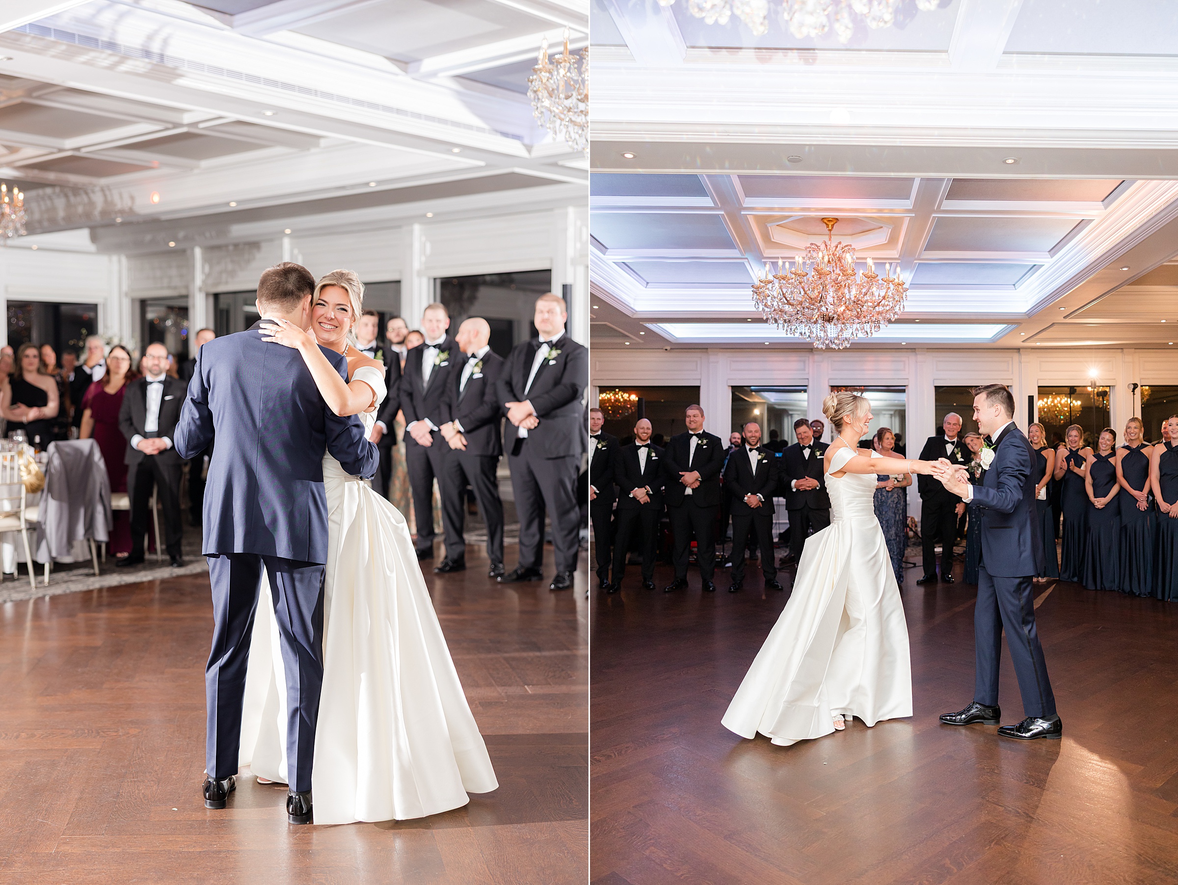 Bride and groom shares their first dance in a bright, elegant ballroom, smiling as they move together while guests watch lovingly.