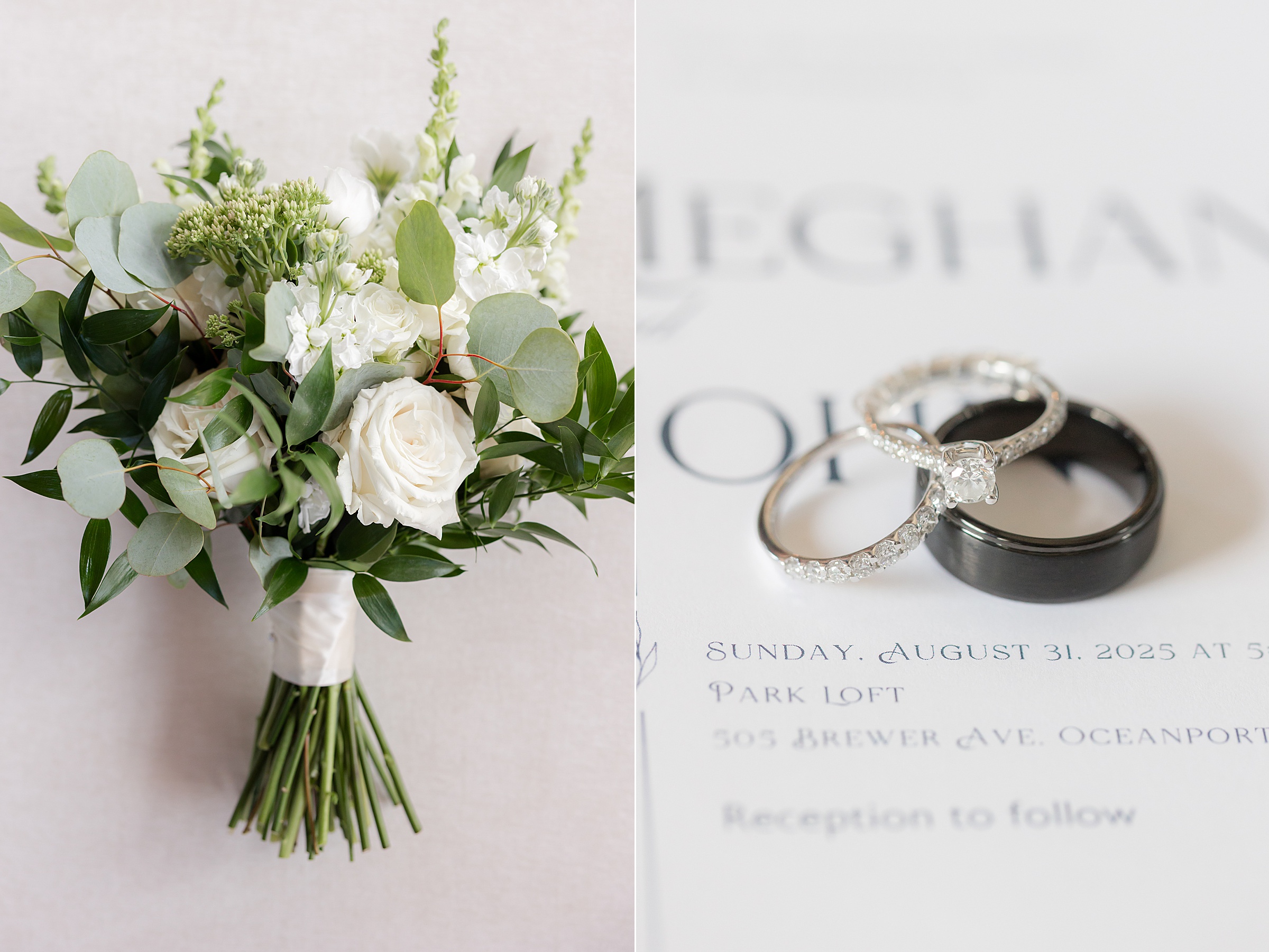 Romantic pairing of fresh white florals and intertwined wedding bands resting on a softly blurred invitation