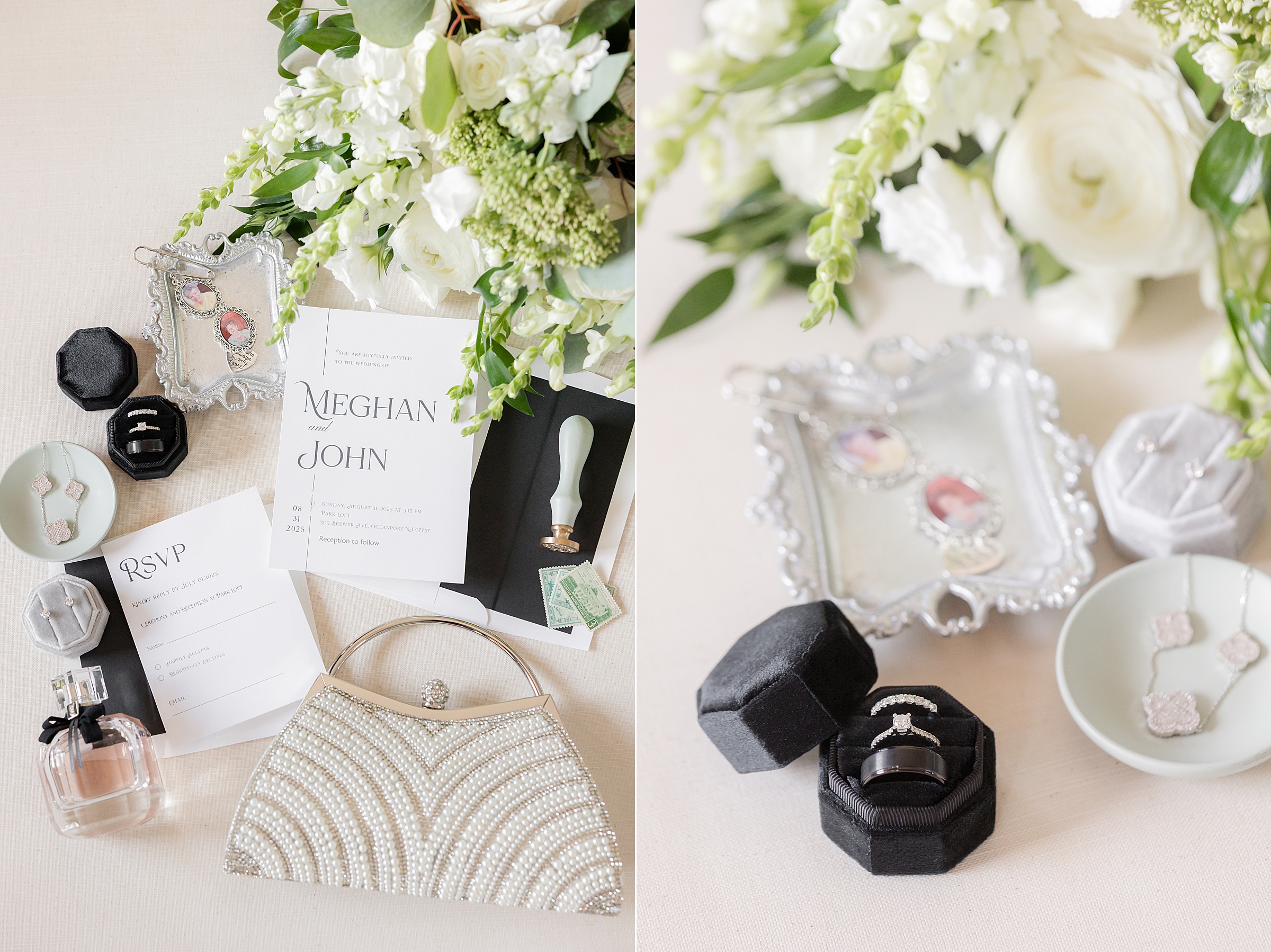 Wedding flat lay featuring an ivory invitation suite for Meghan and John, soft white florals, heirloom silver frames, delicate jewelry, perfume, and a beaded bridal clutch, paired with a romantic close-up of wedding rings in a velvet box—elegantly styled to capture timeless love and refined beauty