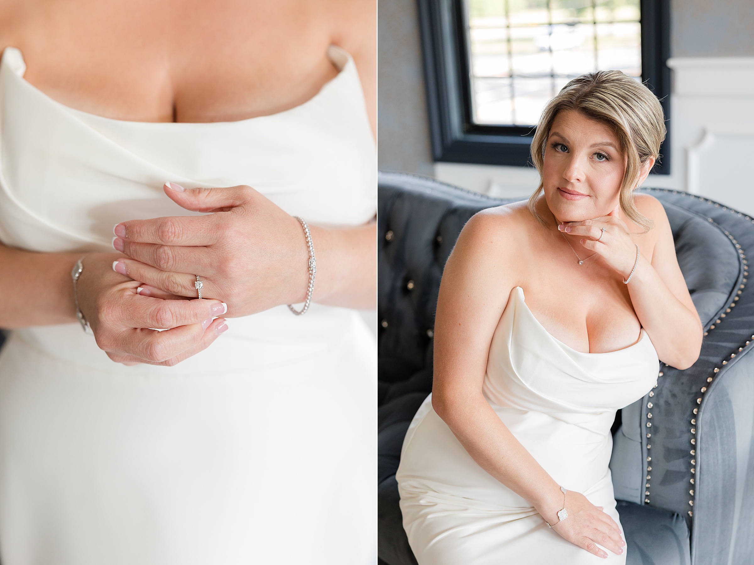 Bride’s hands adorned with her engagement ring and delicate jewelry, alongside a soft, intimate image of her seated on a velvet sofa, gently resting her chin as she gazes with calm, radiant beauty