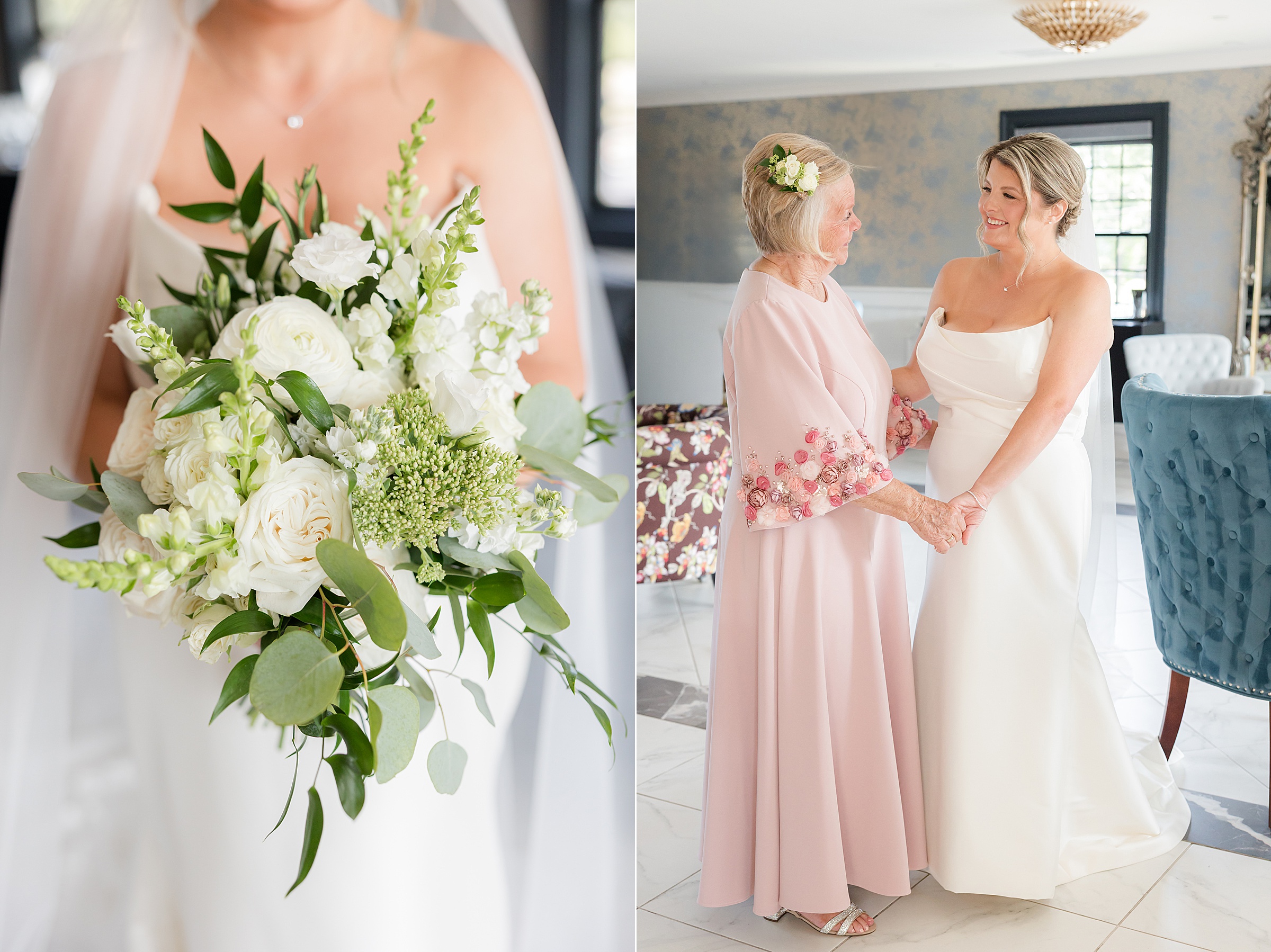 Bride holding a lush bouquet of white blooms and greenery, alongside a tender scene of the bride and her mother holding hands and smiling at each other, sharing a heartfelt, joyful connection before the ceremony