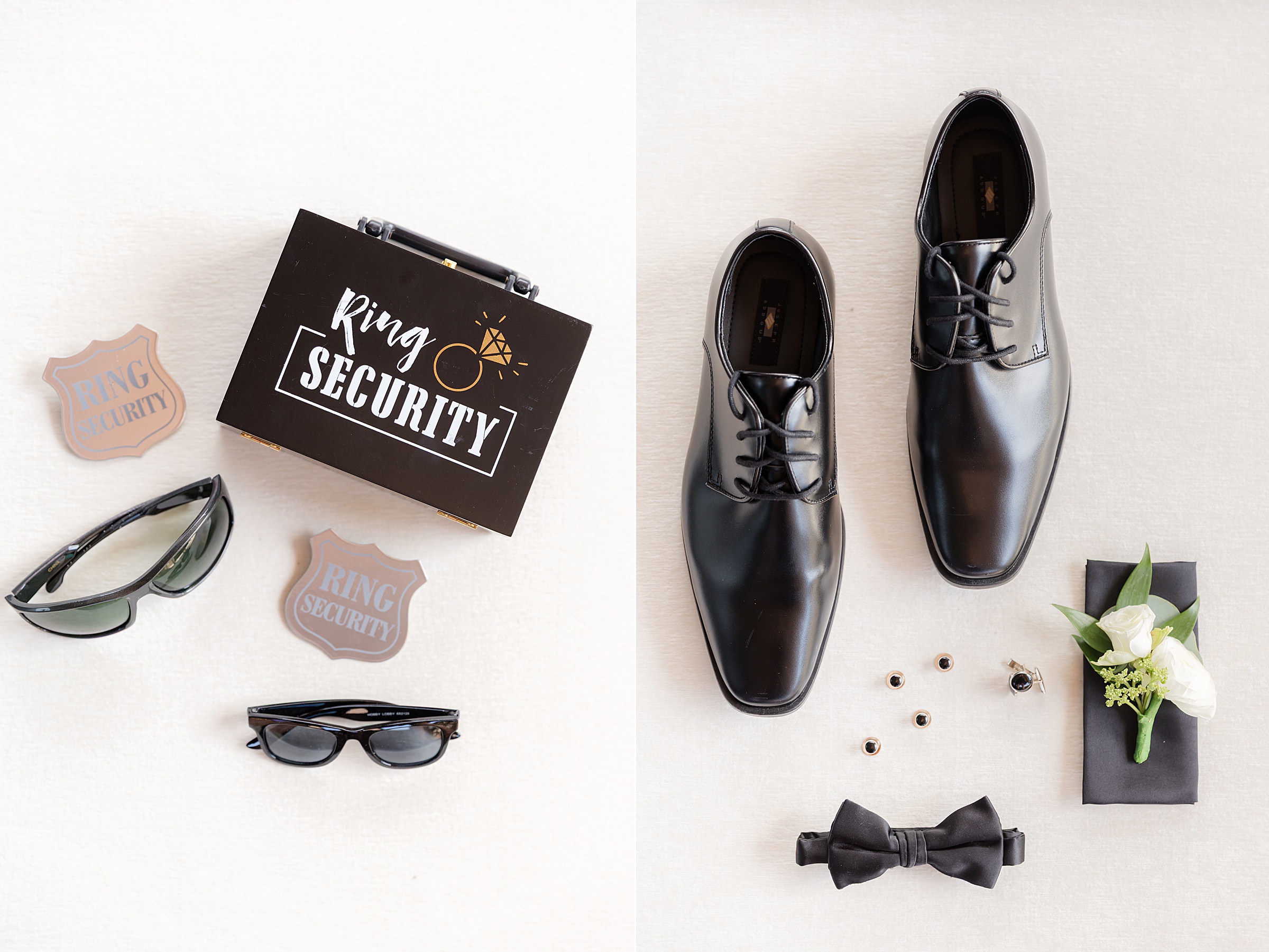 Groom’s polished black shoes, bow tie, cufflinks, boutonniere, and personal accessories arranged neatly, capturing the refined style and anticipation of the wedding day