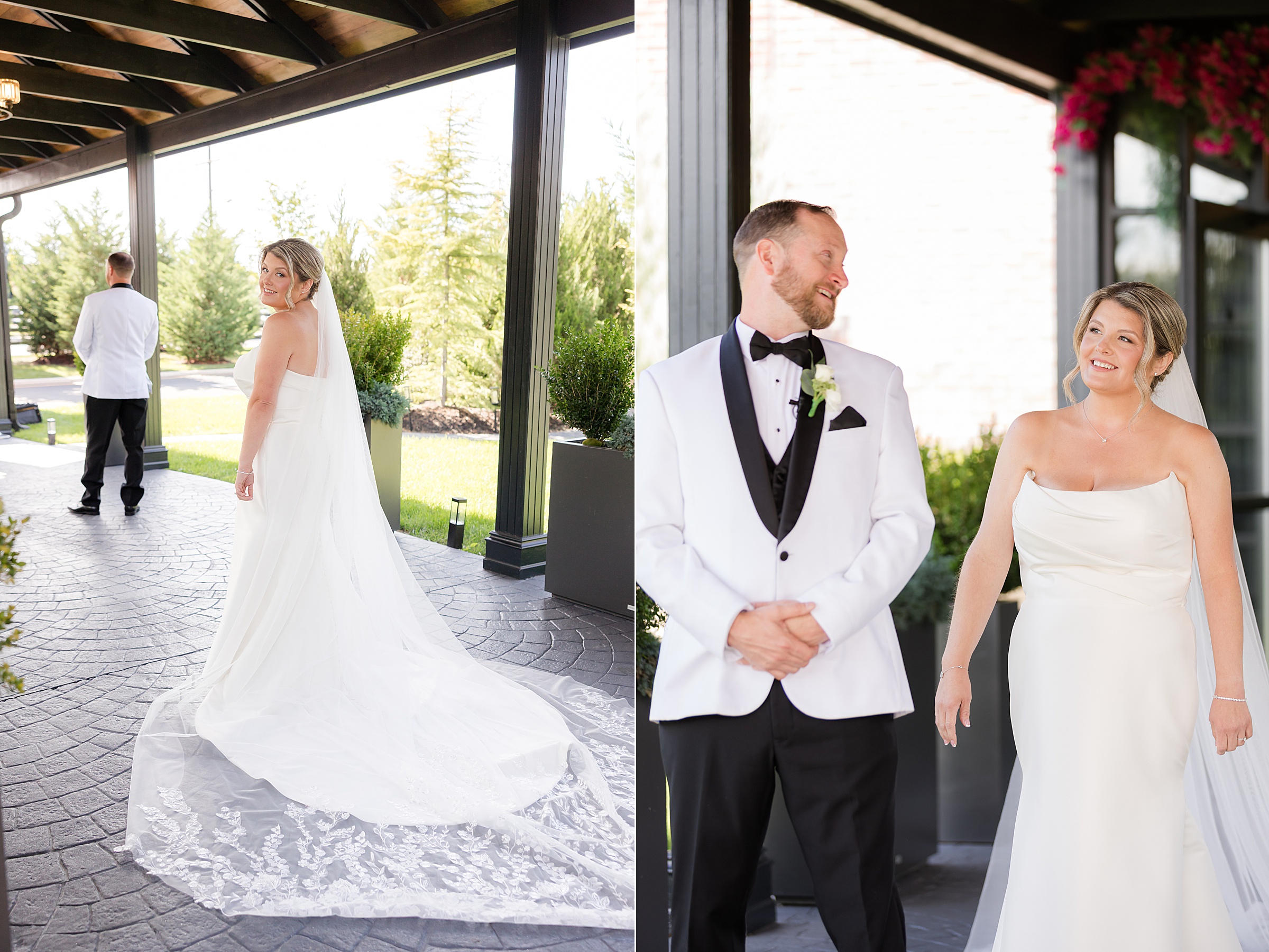 Groom looks at his bride with admiration as she approaches, the world standing still