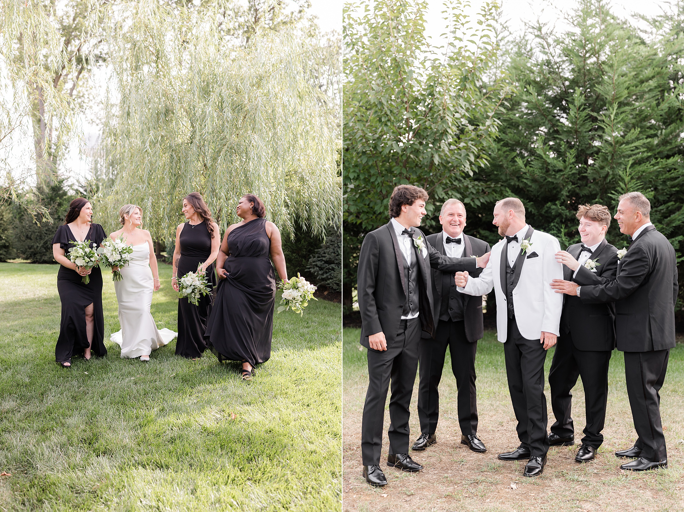 Bride walks through a sunlit field with her bridesmaids, all smiling and holding bouquets, while the groom shares laughter with his groomsmen in a joyful moment of friendship before the celebration