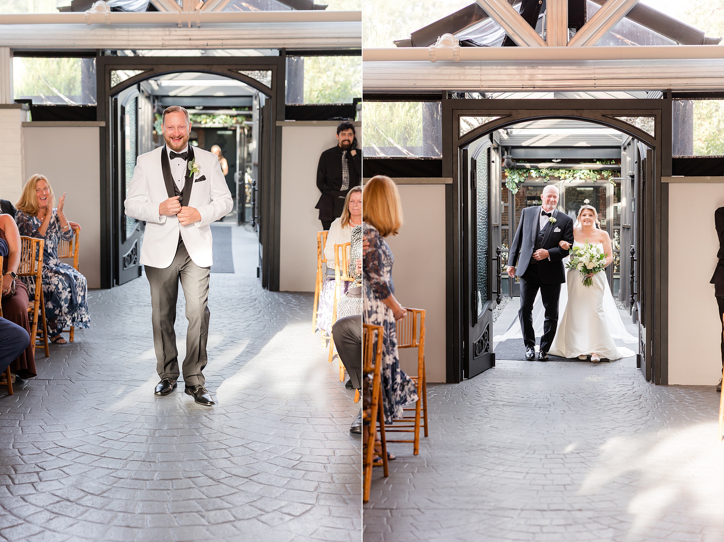 Groom walks down the aisle with a joyful smile as guests look on, while the bride enters with her father, sharing a heartfelt moment before meeting her groom
