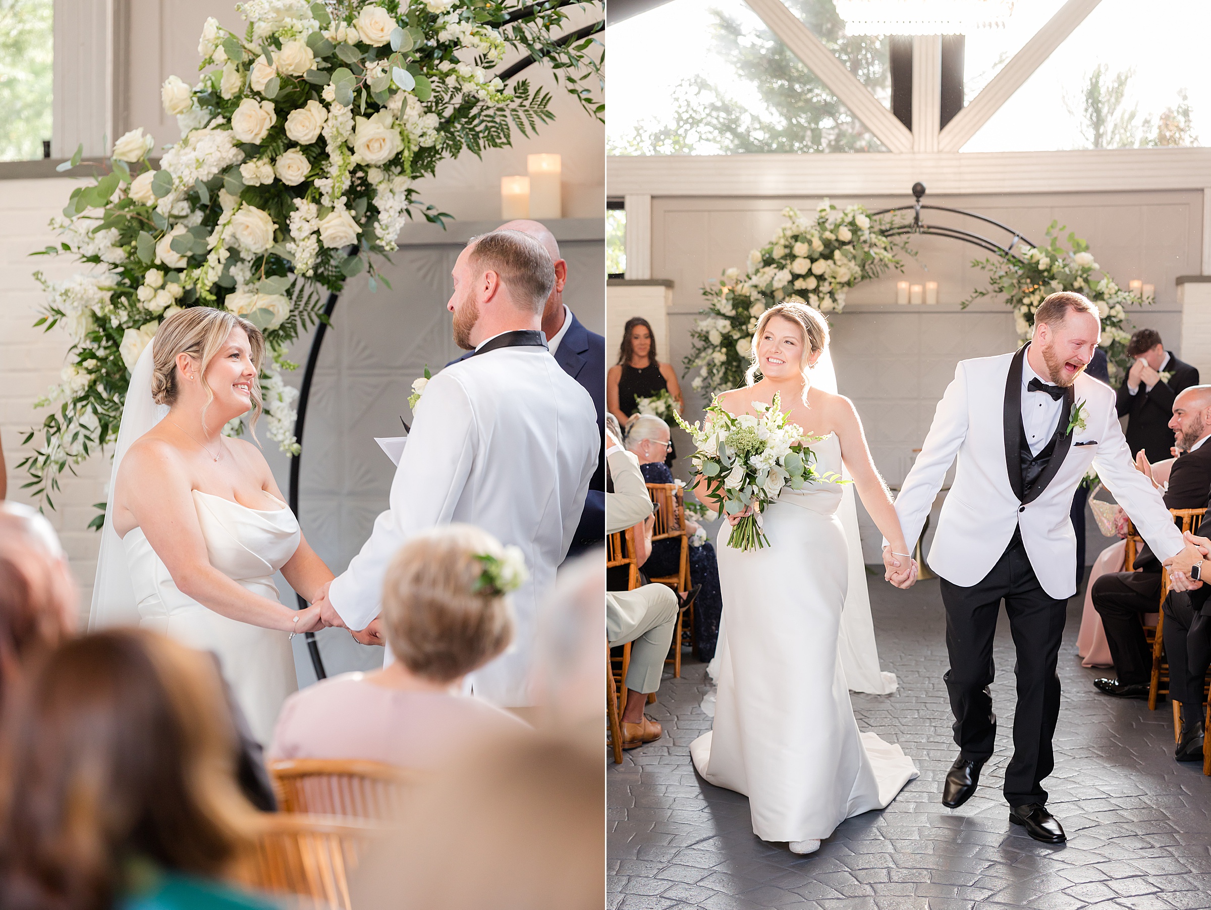 Bride and groom exchange vows beneath a lush floral arch, their hands intertwined and eyes full of love, then walk hand in hand down the aisle, glowing with joy as they begin their forever together