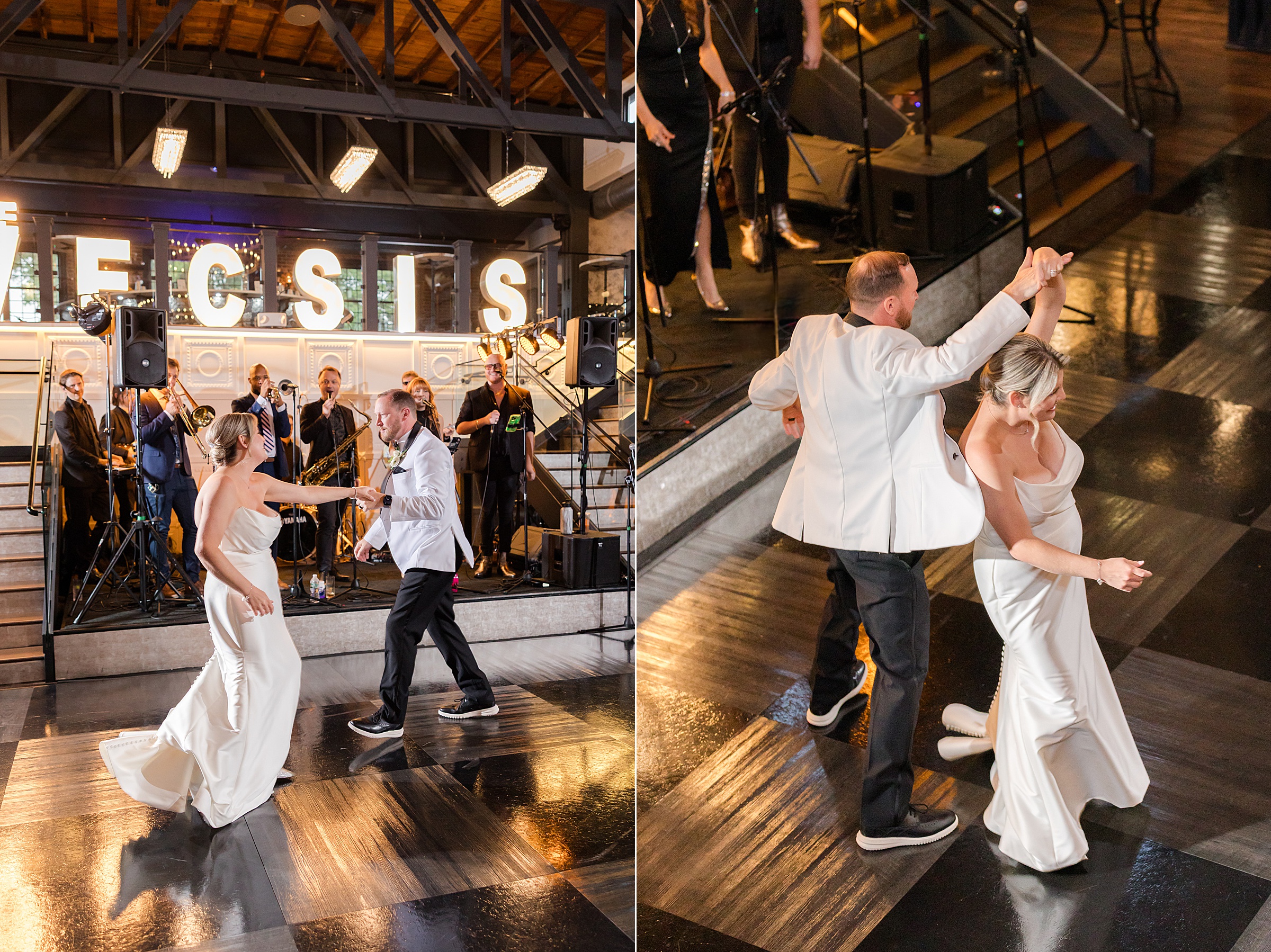 Groom leads the bride into a graceful twirl, her dress flowing as they move together in perfect rhythm.