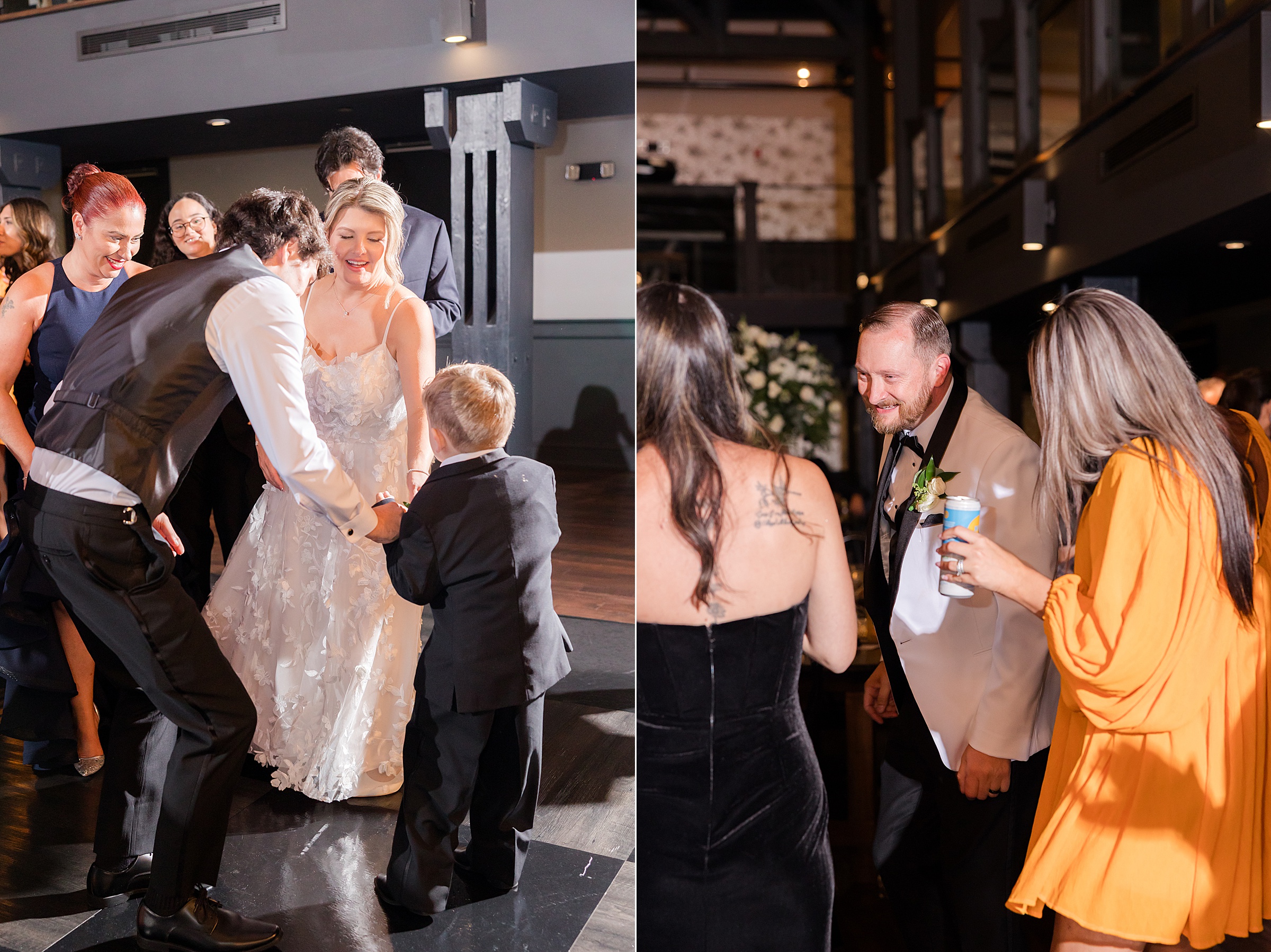 Bride laughs as she dances with guests, surrounded by movement, music, and joyful energy