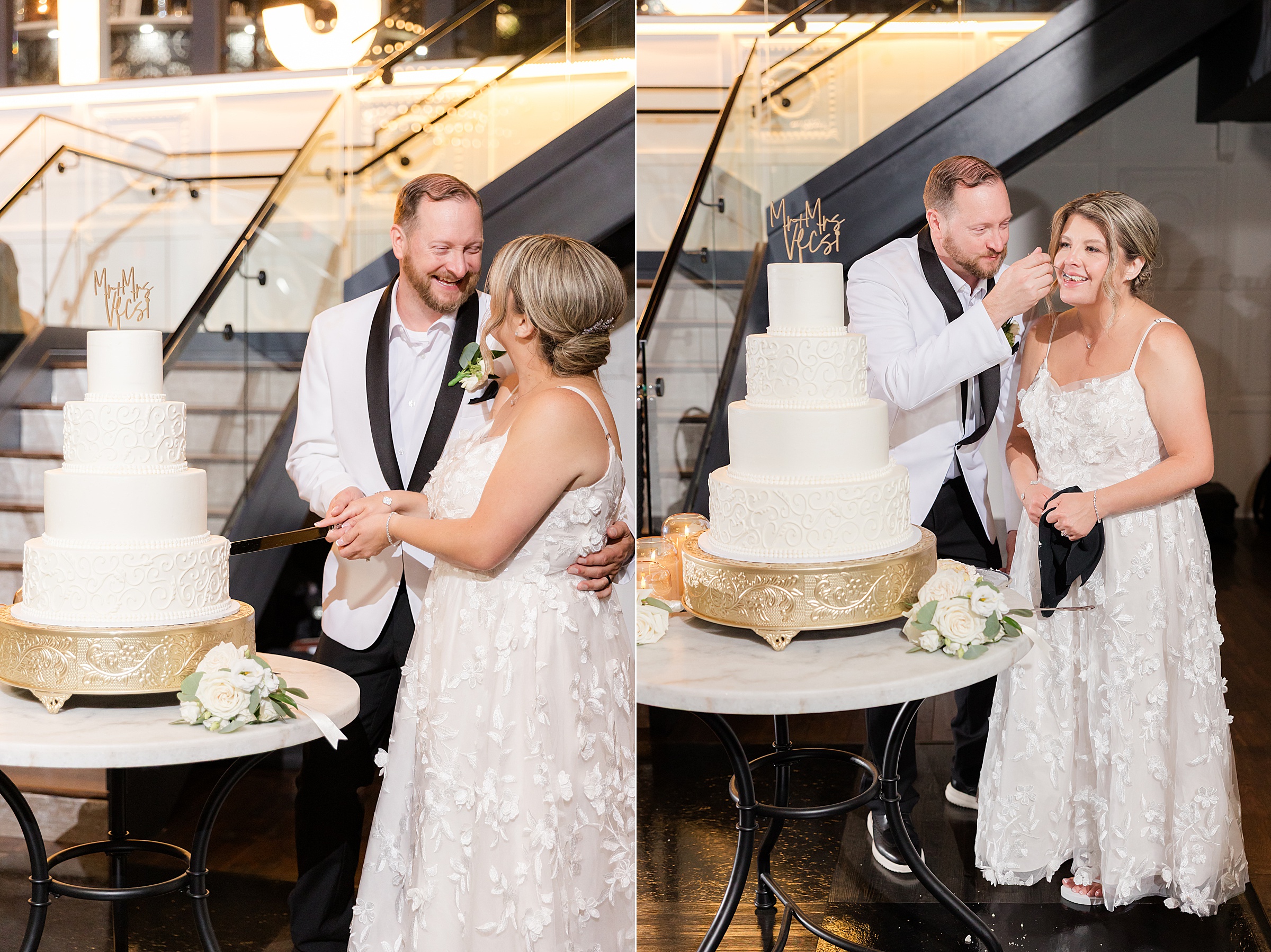 Bride and groom smile warmly as they cut their wedding cake together, then share a sweet bite in a playful, loving exchange.