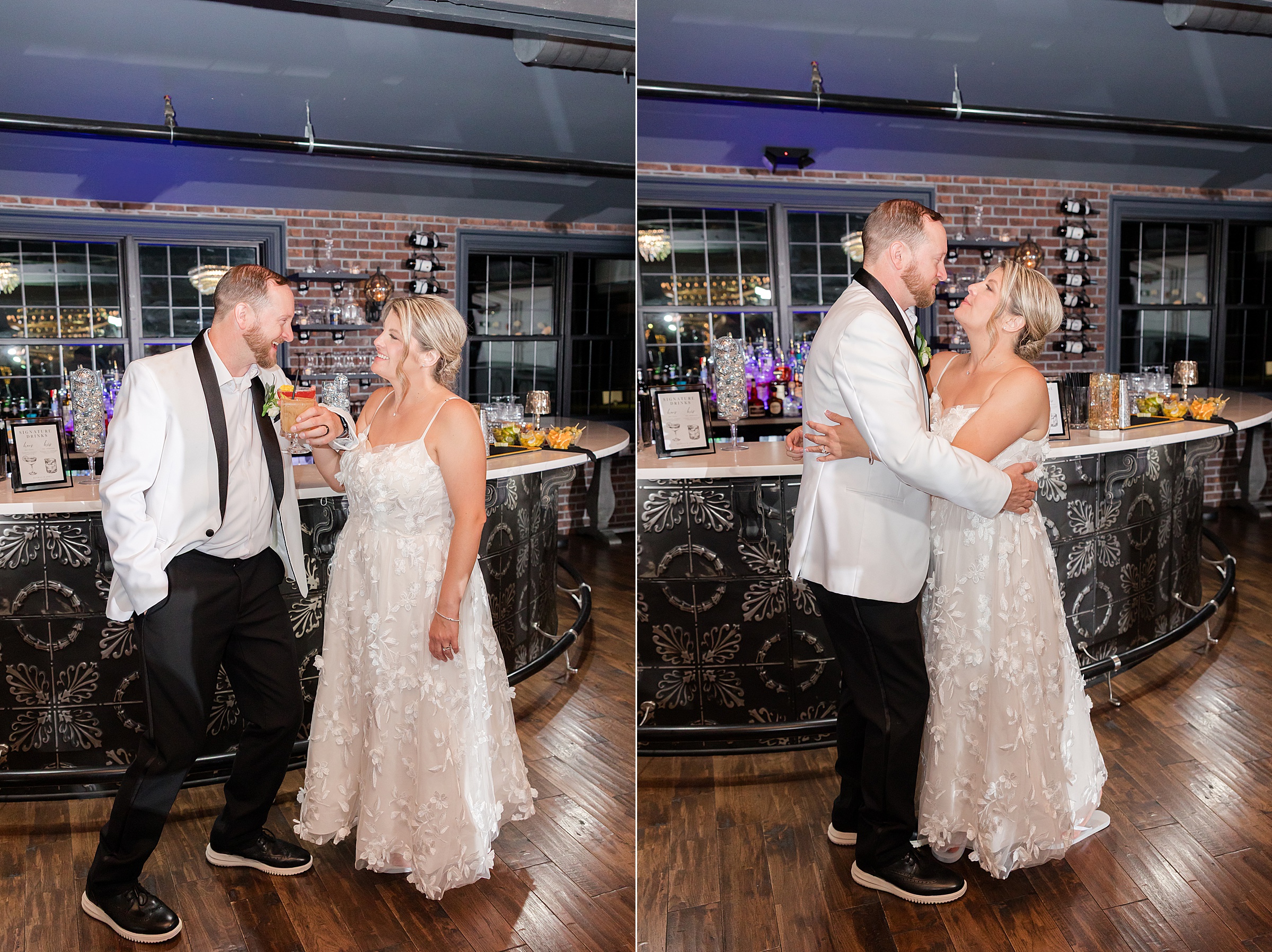 Bride and groom laugh and lean into each other at the bar, sharing a playful, affectionate moment during their celebration.
