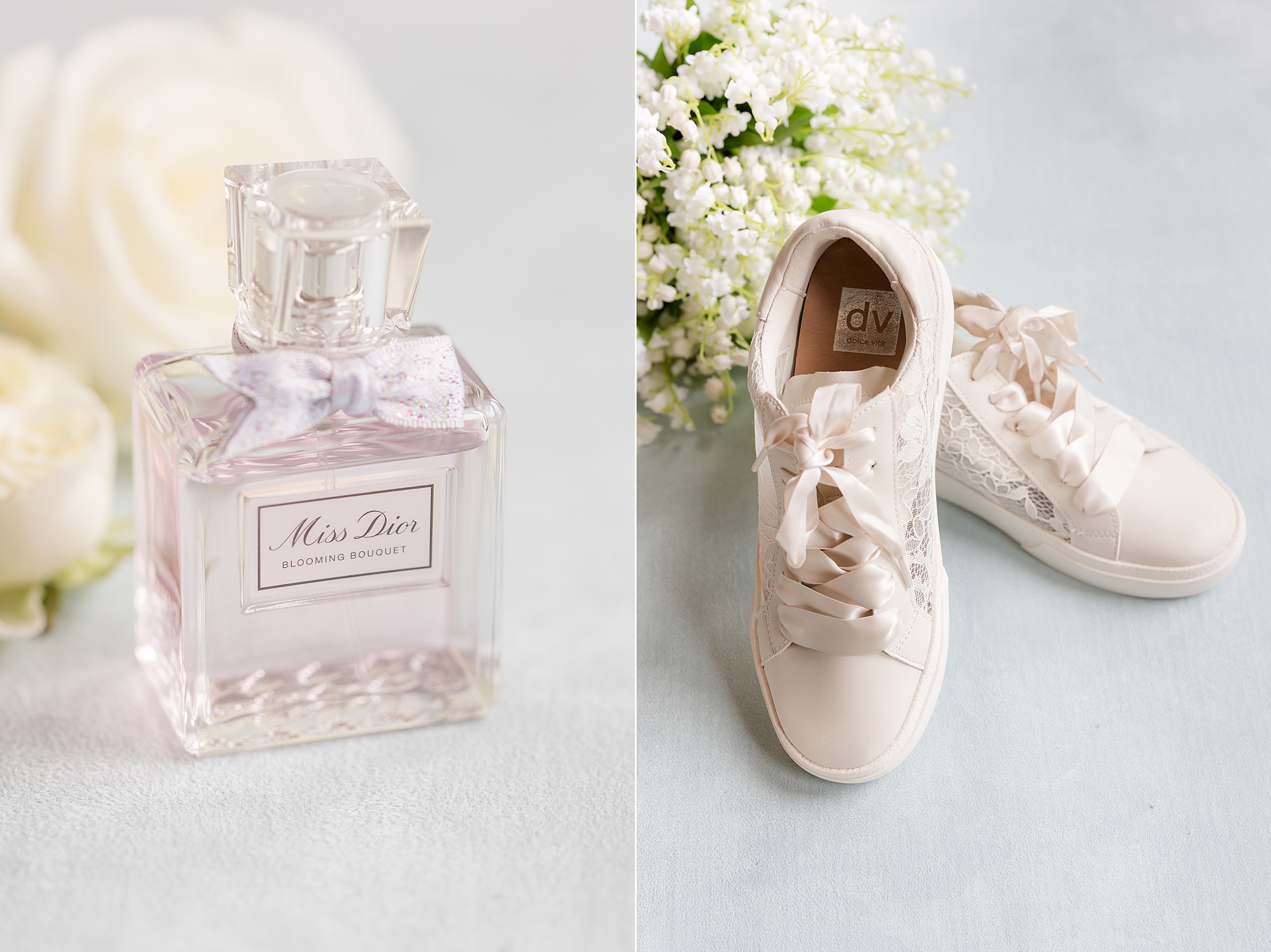 Blush-toned Miss Dior perfume bottle paired with soft ivory bridal sneakers and delicate white blooms, capturing a romantic blend of elegance, comfort, and modern bridal charm