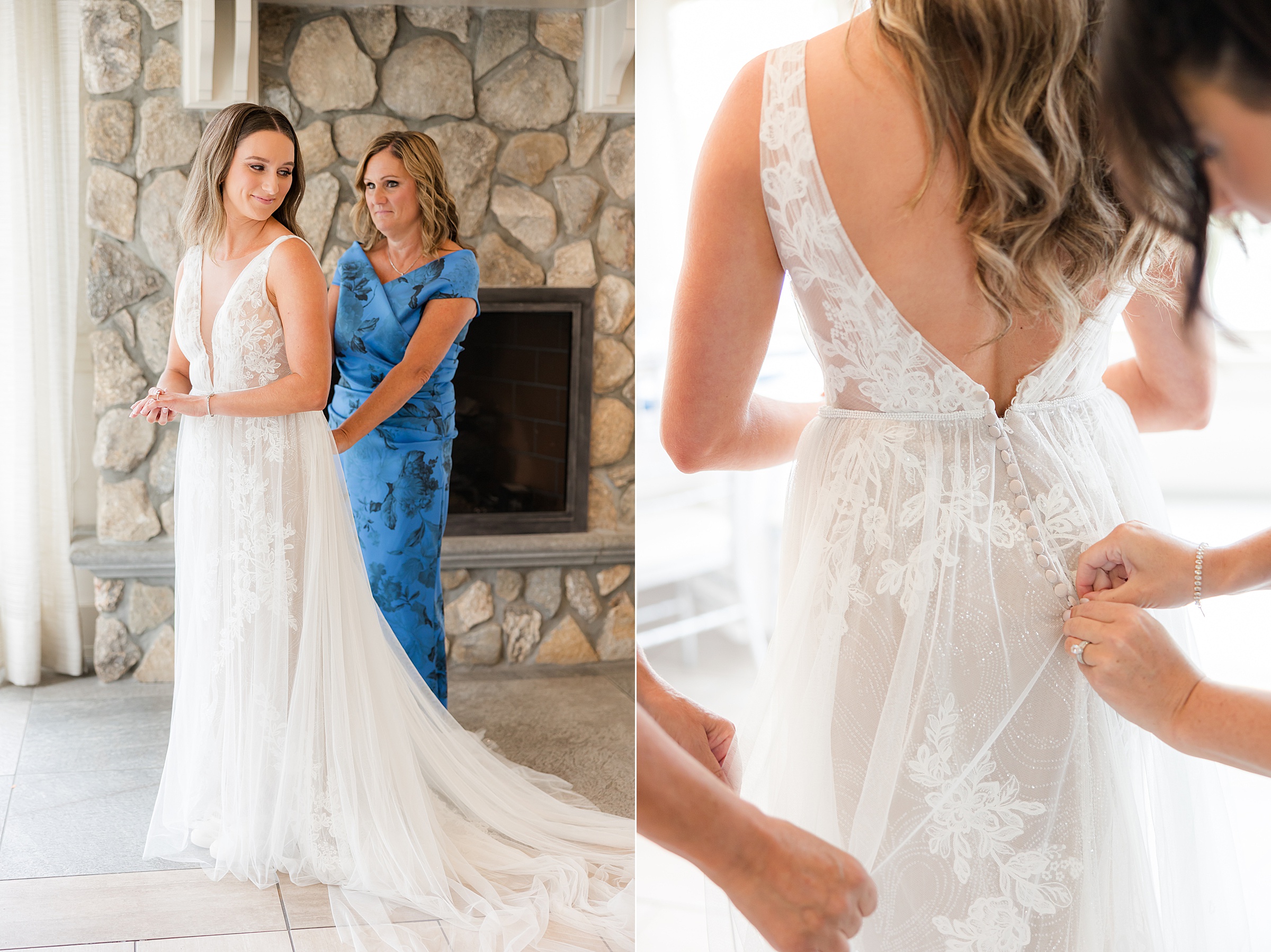 Bride stands gracefully as her mother lovingly helps fasten her gown, a tender, intimate moment filled with care, pride, and the quiet emotion of a day they’ll both always remember