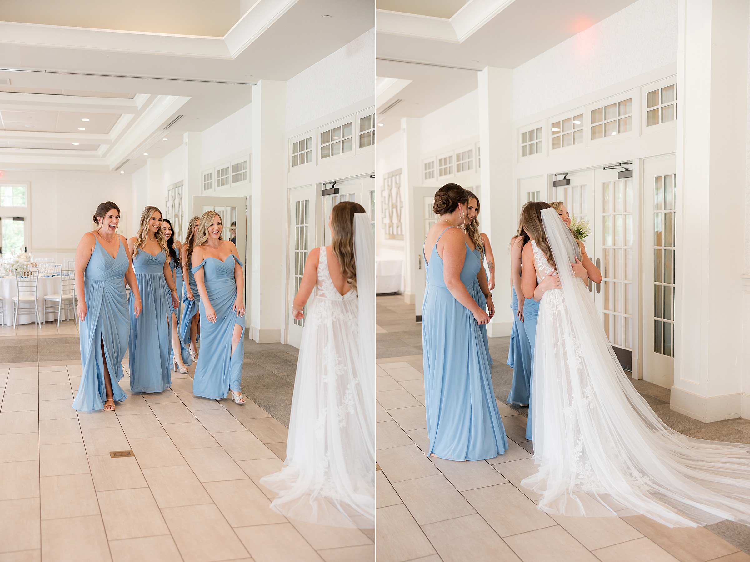 Bridal party walks together in soft blue gowns, a beautiful blend of friendship, elegance, and celebration