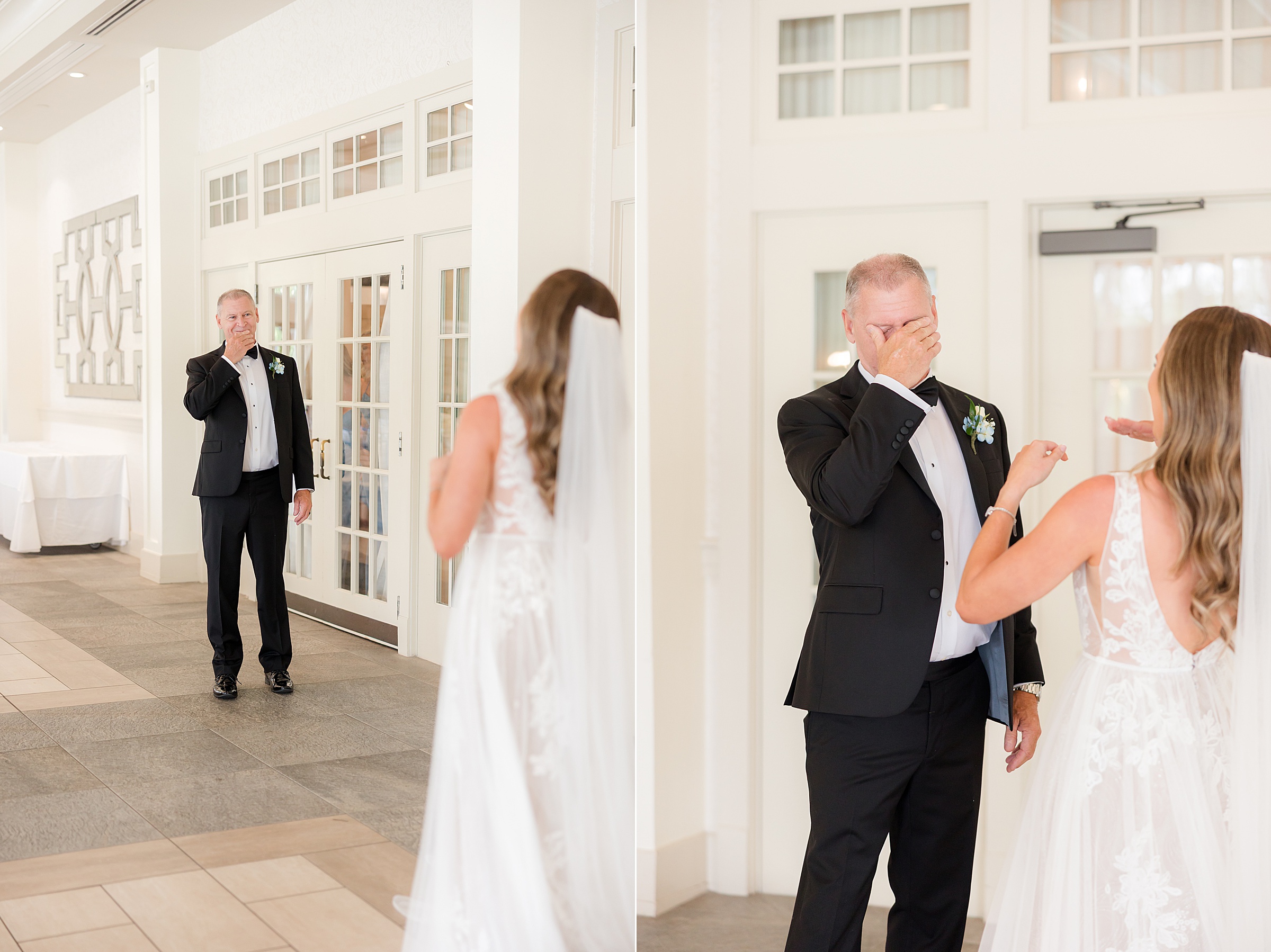 Father wipes away tears during an emotional first look, overcome with love and pride for his daughter