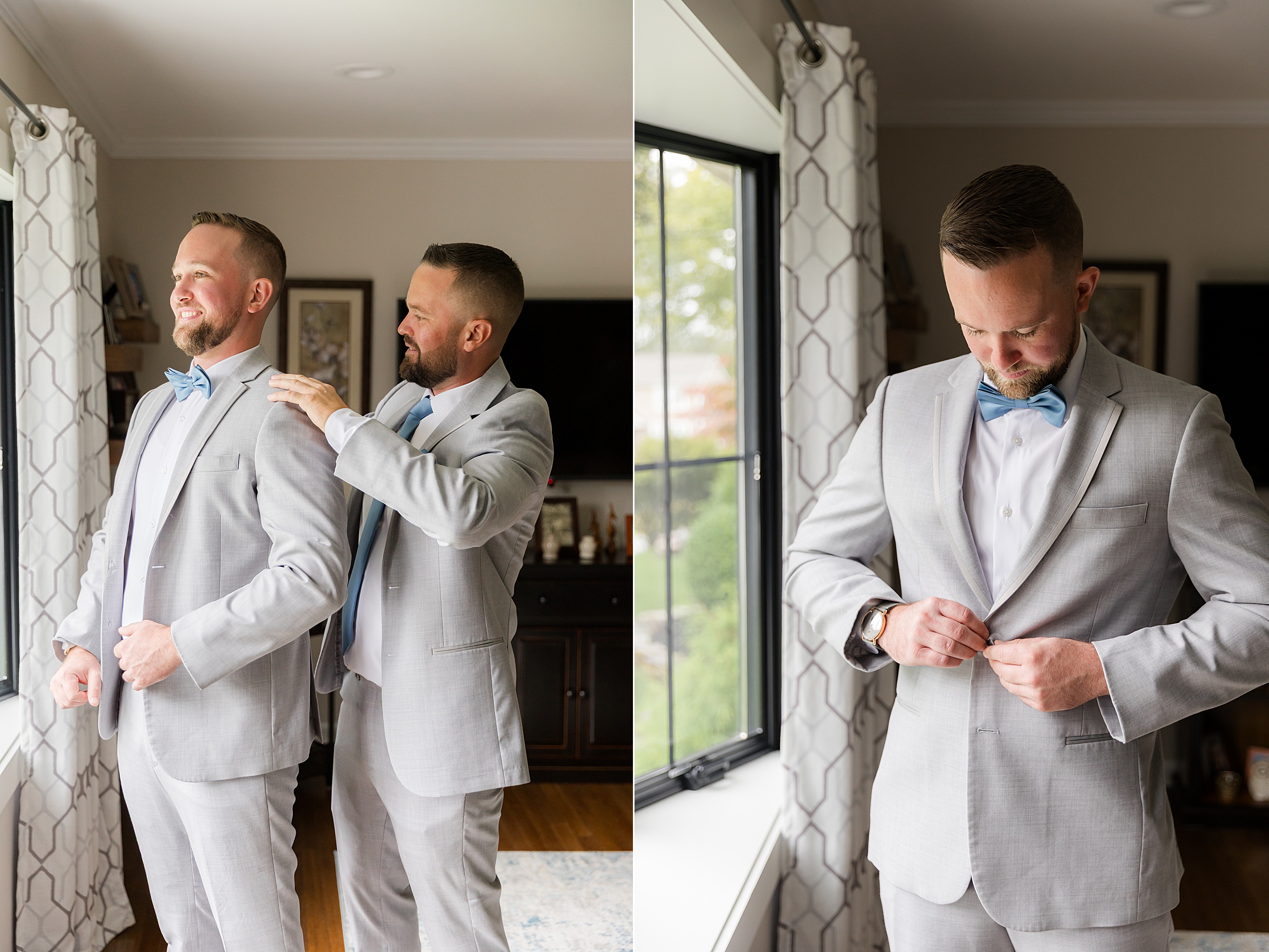 Groom shares a quiet, meaningful moment with his best man as he gets ready, adjusting his suit and cufflinks with calm anticipation before the ceremony