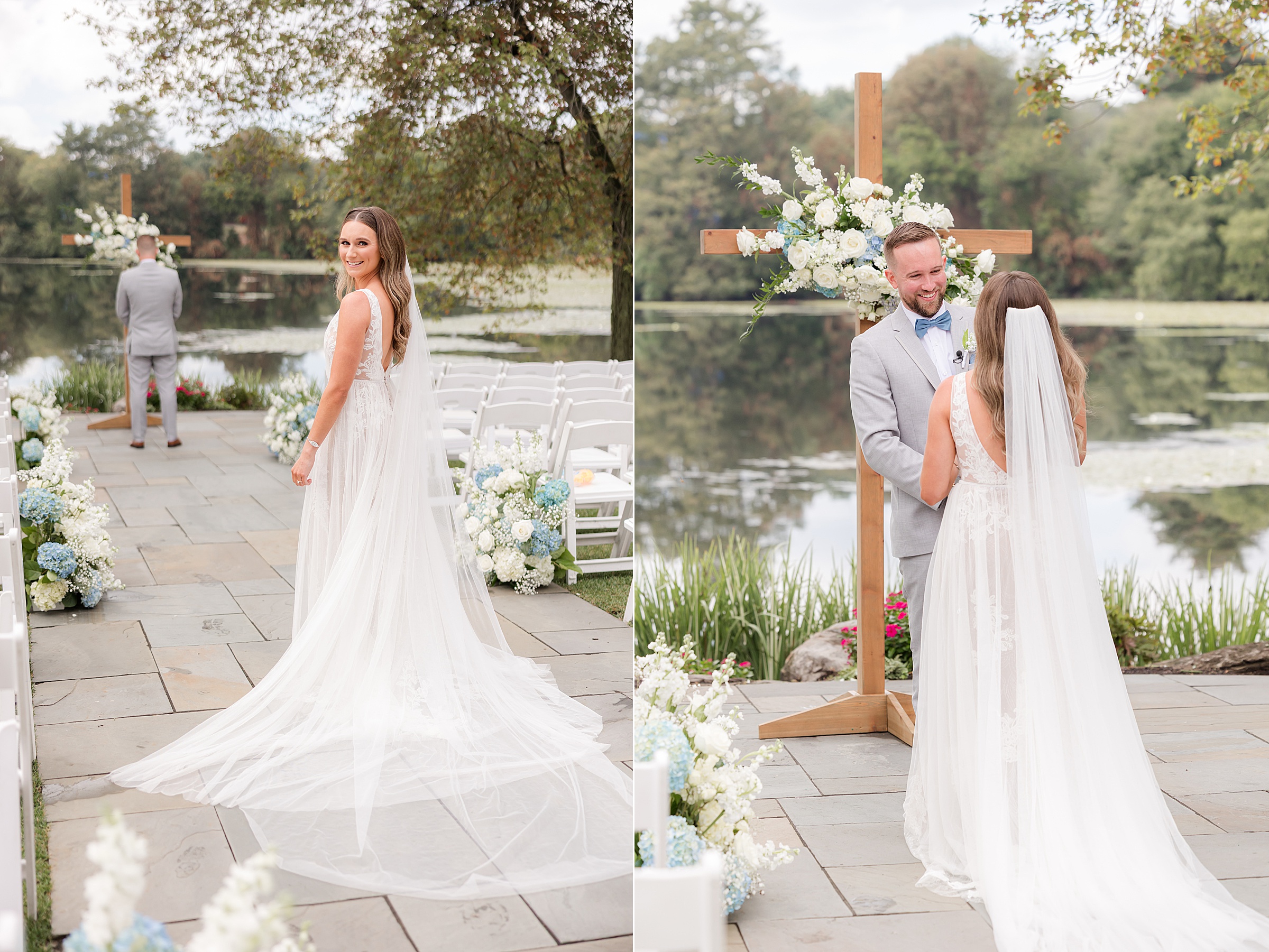Bride glances back over her shoulder, her veil trailing behind like a soft whisper of elegance and romance
