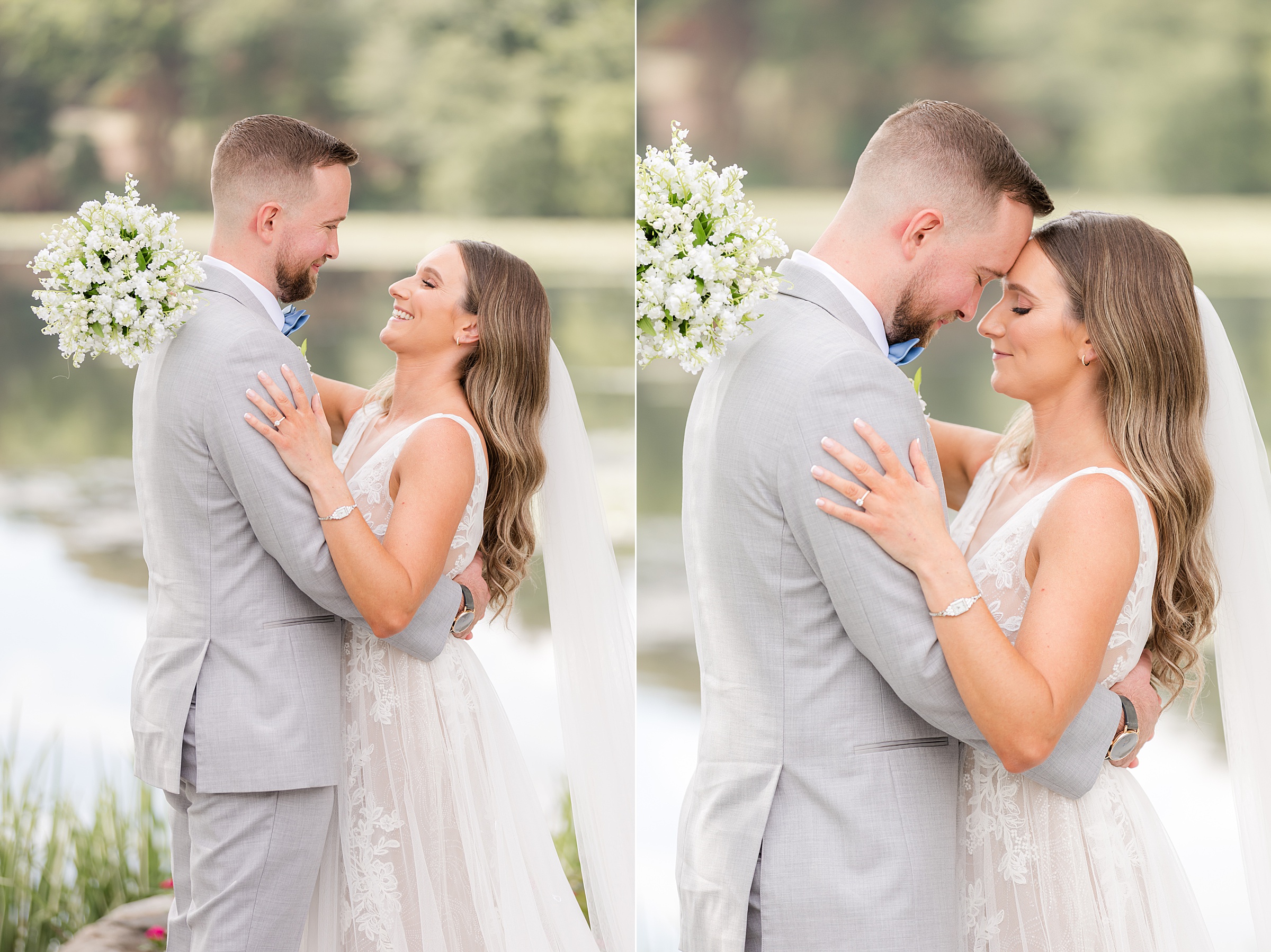 Bride and groom gently holds one another, sharing quiet laughter and a tender forehead touch, completely lost in the warmth and intimacy of their love by the water’s edge