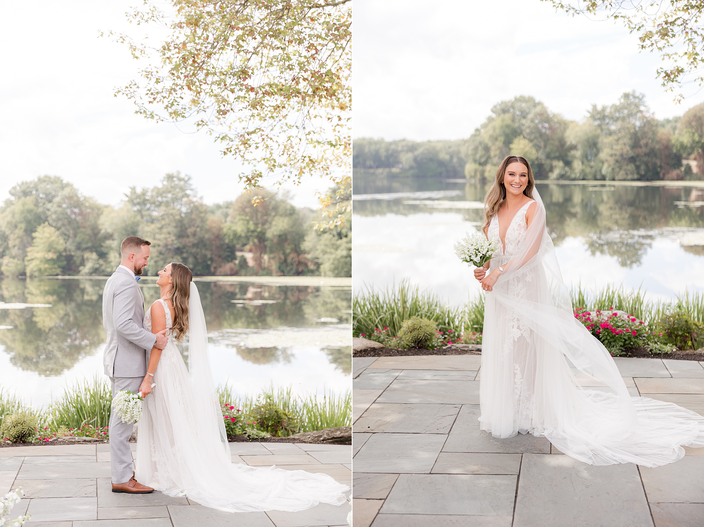 Bride and groom holds each other close in a soft, loving embrace, while the bride stands alone moments later, her gown flowing gently as she glows with timeless elegance and newlywed joy