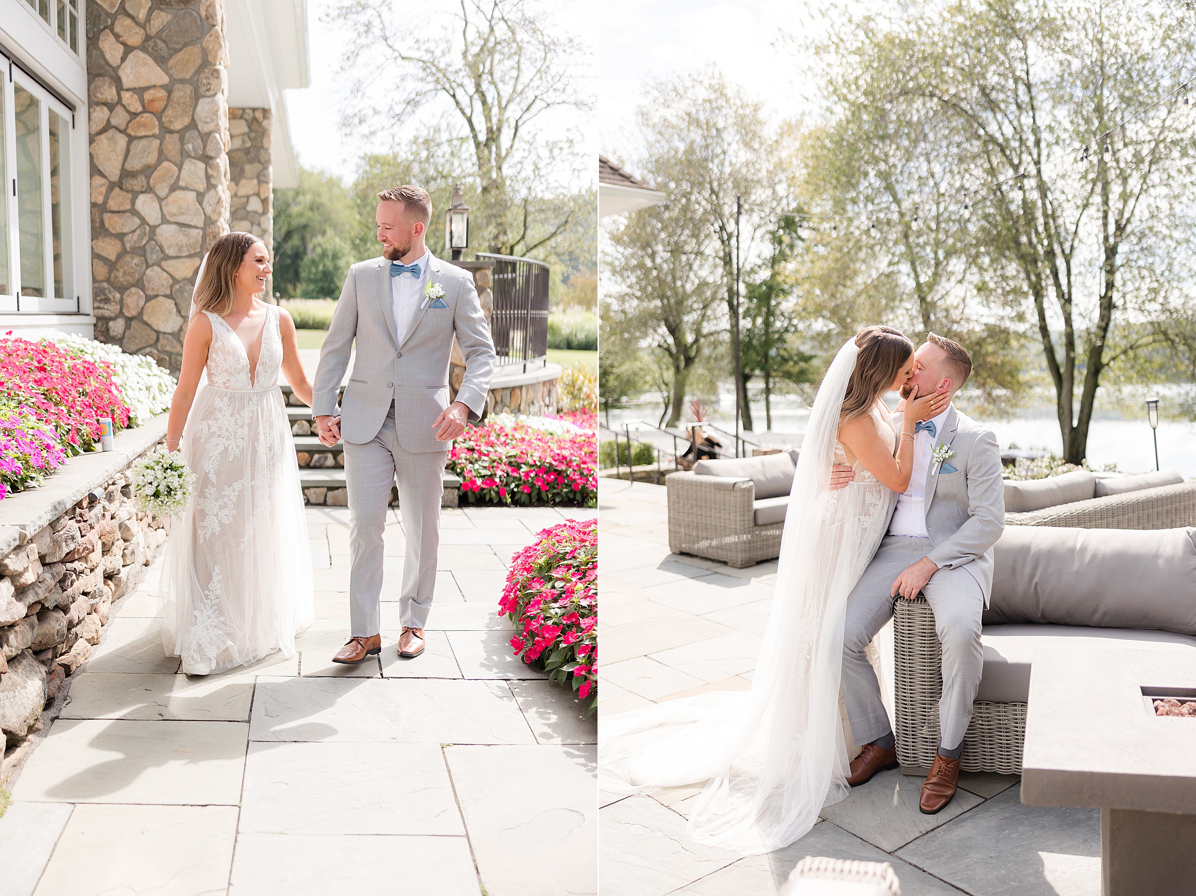 Bride and groom share a series of tender moments, strolling through blooming flowers and pausing for a soft, intimate kiss, wrapped in sunlight and the quiet romance of their wedding day