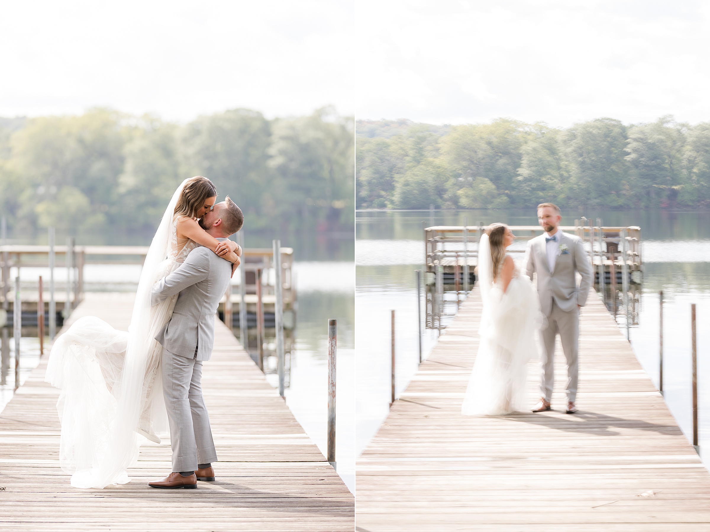 Groom lifts the bride in a joyful embrace, her veil flowing as laughter fills the air
