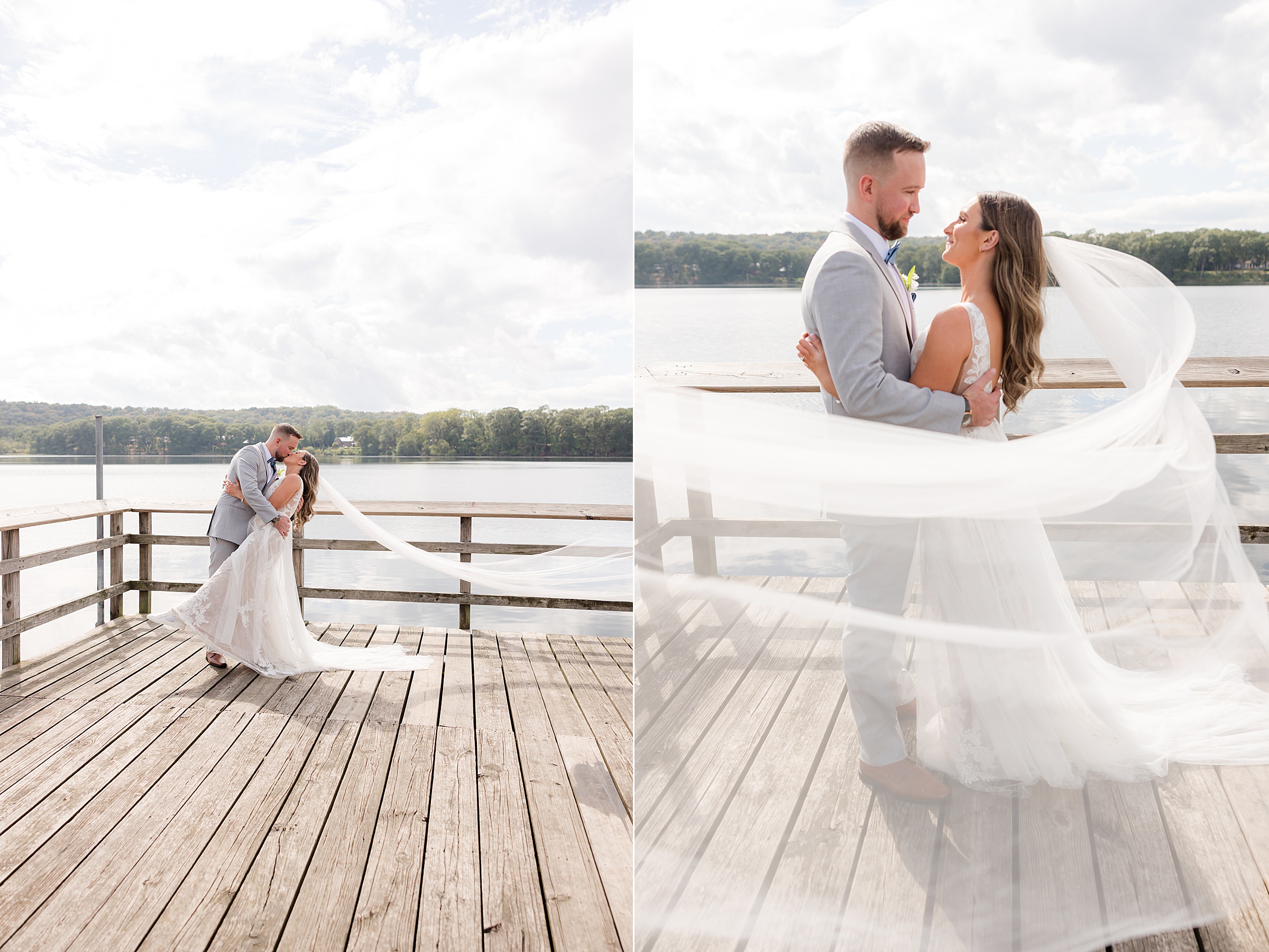 Bride and groom share a soft, lingering kiss on the dock, her veil drifting gently in the breeze as light dances across the water, capturing a moment of timeless, effortless love